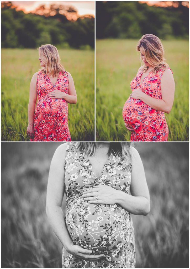 Kara Evans Photographer - Bourbonnais Lifestyle Maternity - Pink Floral Maternity Dress Photos - Sunset Maternity Photos - June Maternity Photo Ideas - St. Anne Photographer