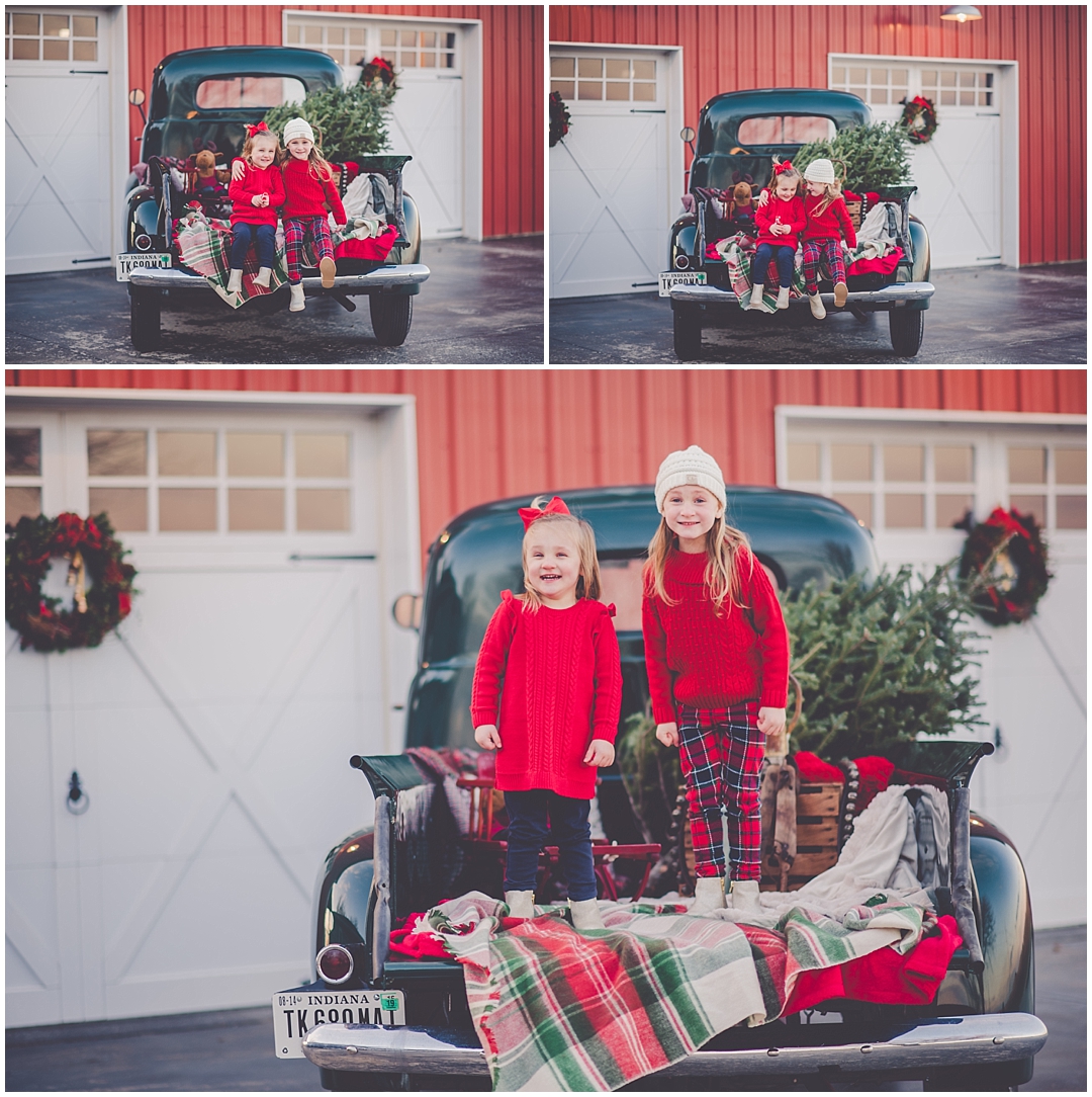 Green truck Christmas family photos in Central Illinois - family holiday photos in bed of vintage truck.