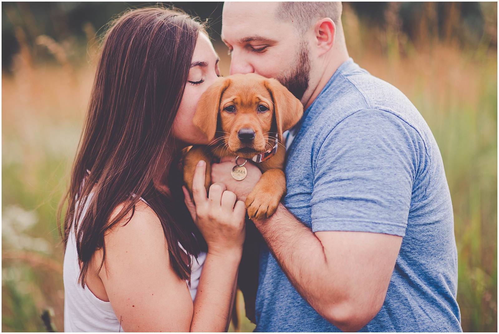 Summer sunset couples and new puppy session in Aroma Park, Illinois with Chicagoland wedding photographer Kara Evans Photographer.
