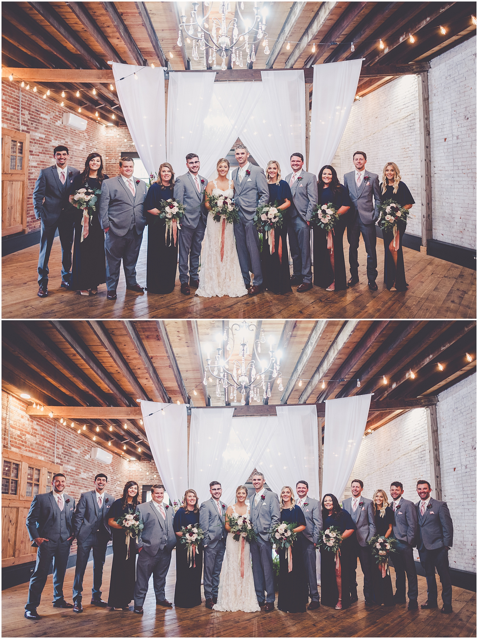 Kendra and Cole's rainy rustic navy & blush wedding at Town & Country Events in Milford, IL with Chicagoland wedding photographer Kara Evans Photographer.