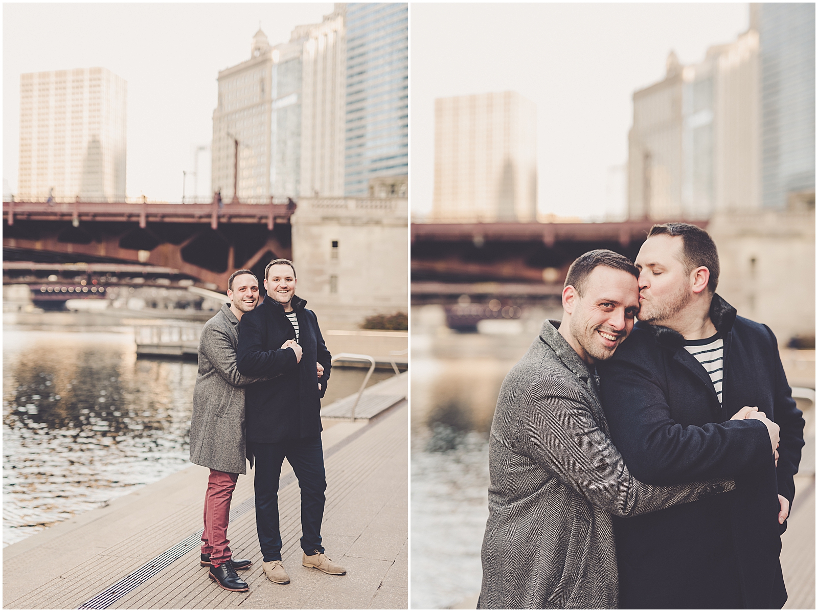 Ben & Michael's Wrigley Building & North Avenue Beach skyline engagement photos in Chicago with Chicago photographer Kara Evans Photographer.
