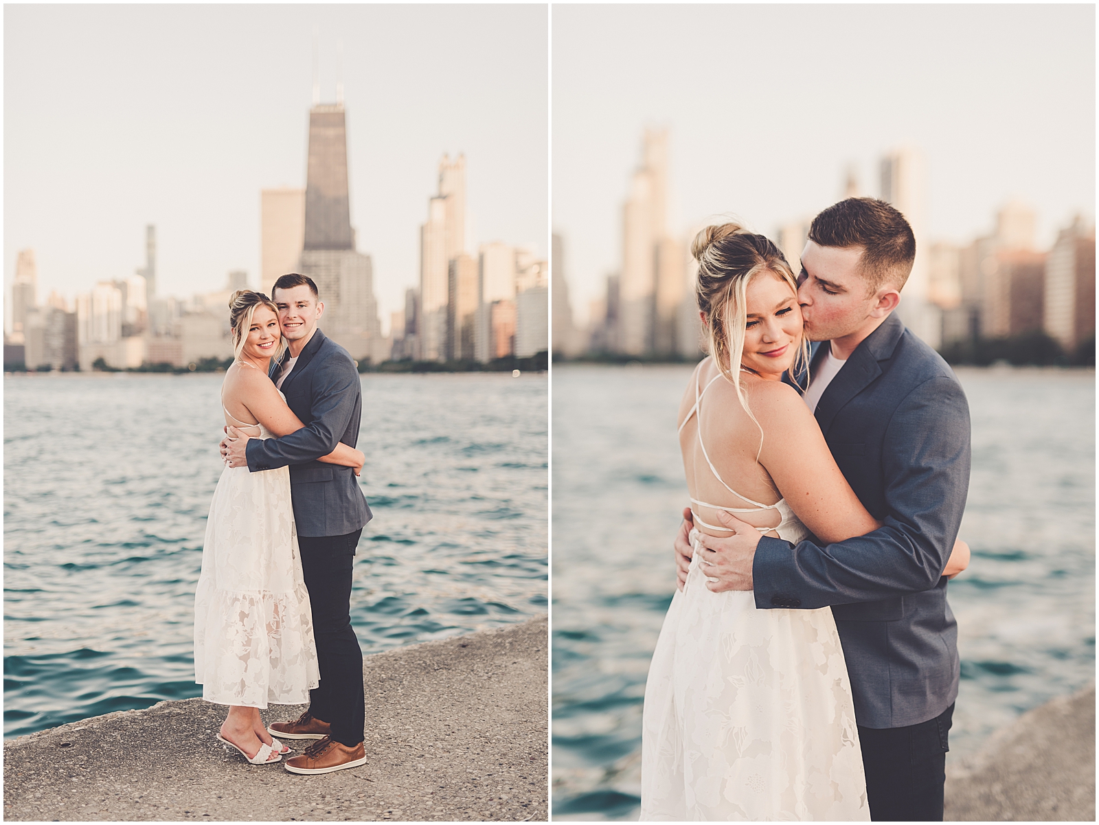 Sidney and Brendan's summer Kinzie Street Bridge & North Avenue Beach engagement photos in Chicago with Kara Evans Photographer.