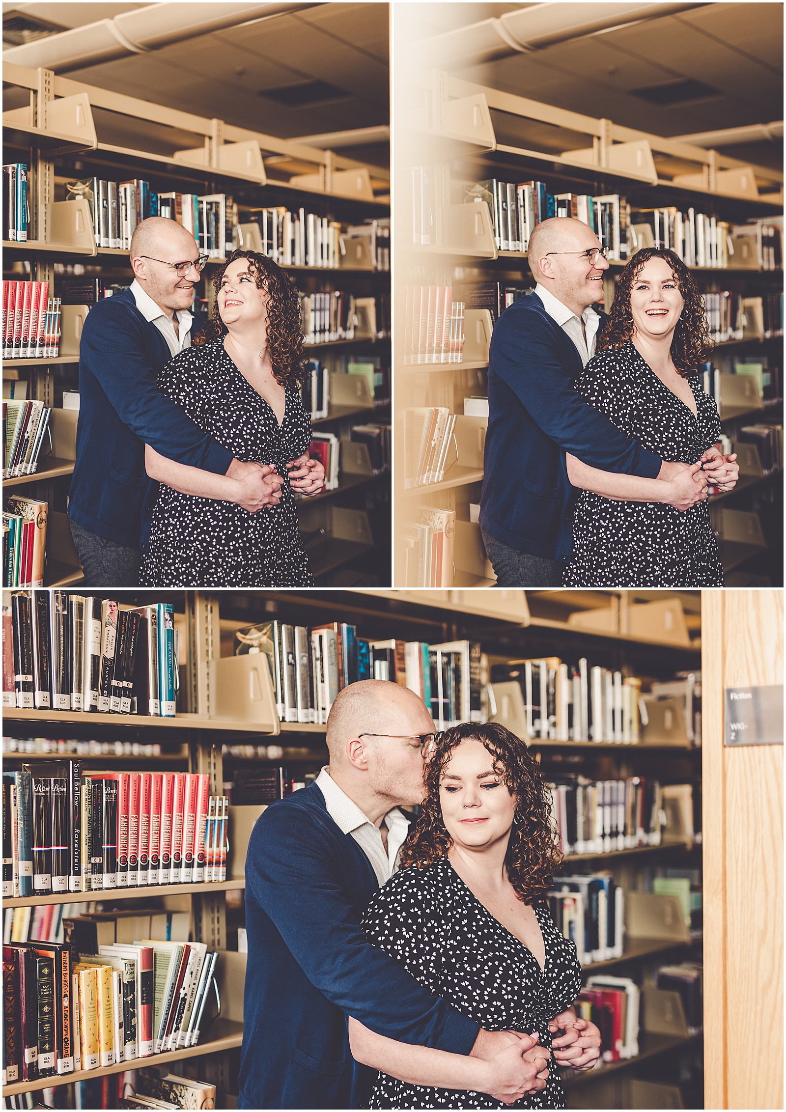 Lizzie & Jake's library engagement session in New Lenox, Illinois with Chicagoland wedding photographer Kara Evans Photographer.