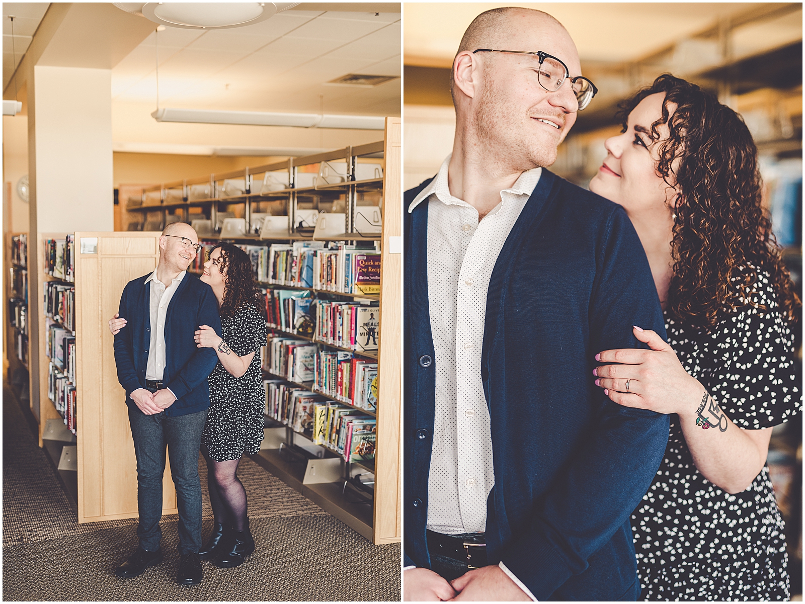 Lizzie & Jake's library engagement session in New Lenox, Illinois with Chicagoland wedding photographer Kara Evans Photographer.