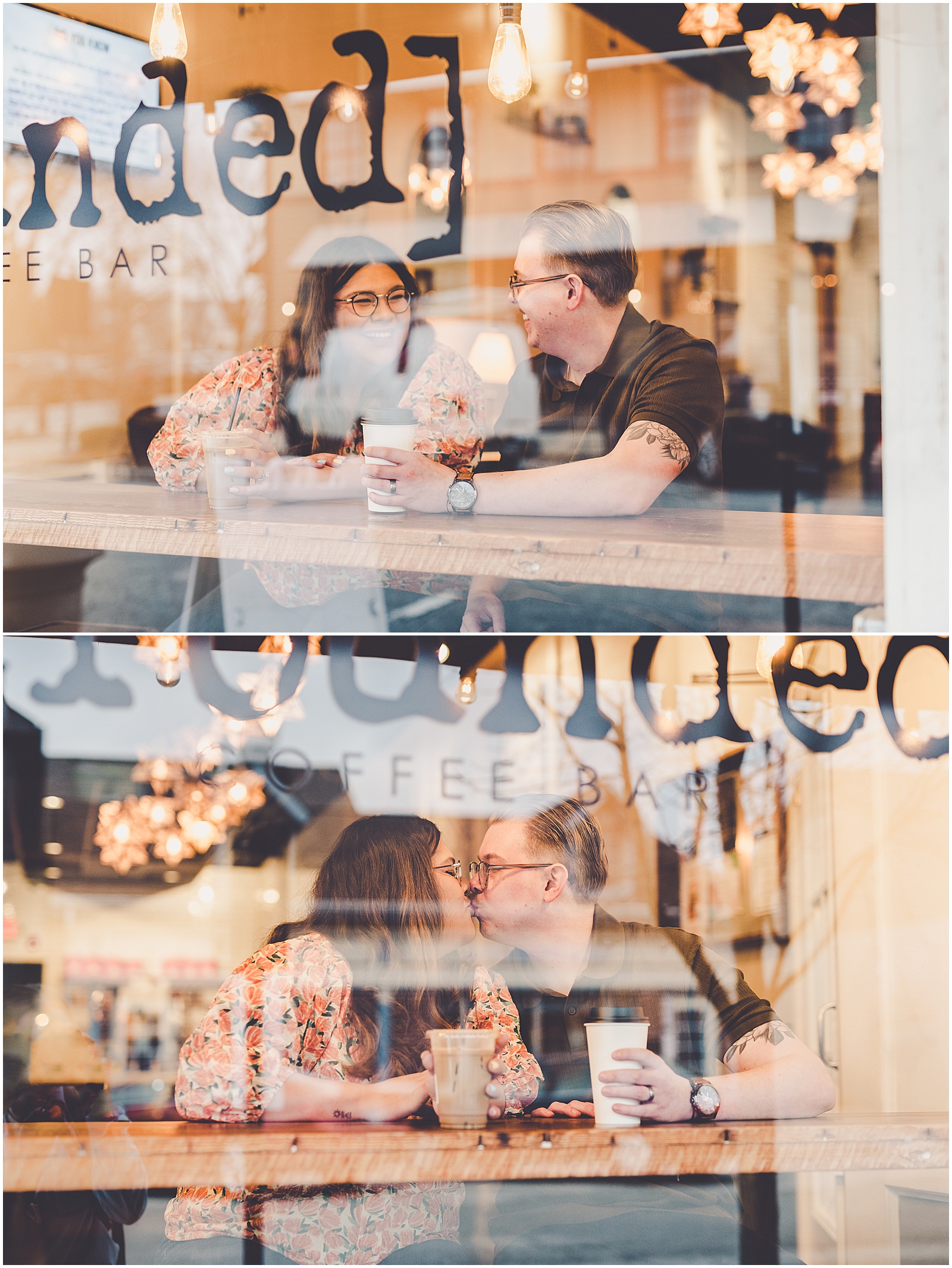 Spring couples session at Grounded Coffee Bar in Frankfort, Illinois with Chicagoland wedding photographer Kara Evans Photographer.