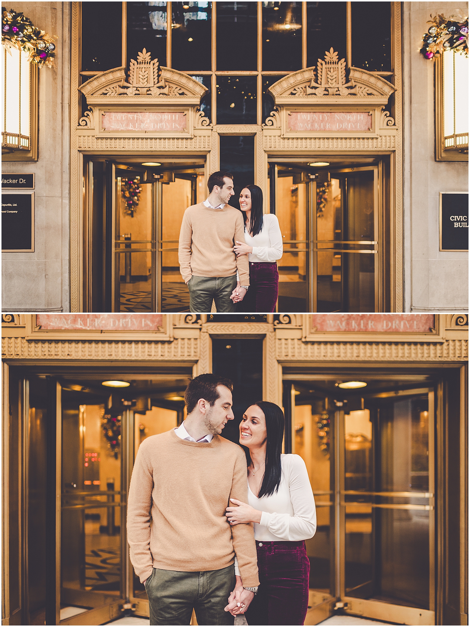 Delaney and Corey's Lyric Opera engagement photos in Chicago with Chicagoland wedding photographer Kara Evans Photographer.