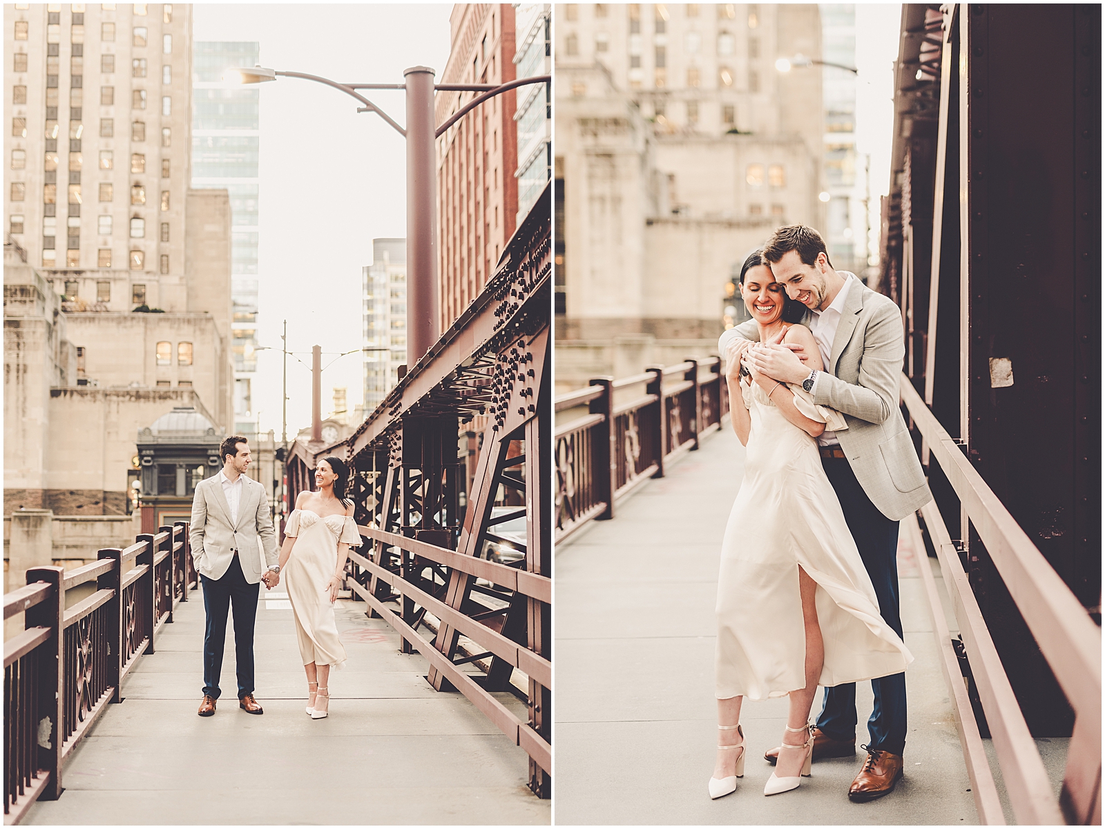 Delaney and Corey's Lyric Opera & Chicago River bridge engagement photos in Chicago with Chicagoland wedding photographer Kara Evans Photographer.