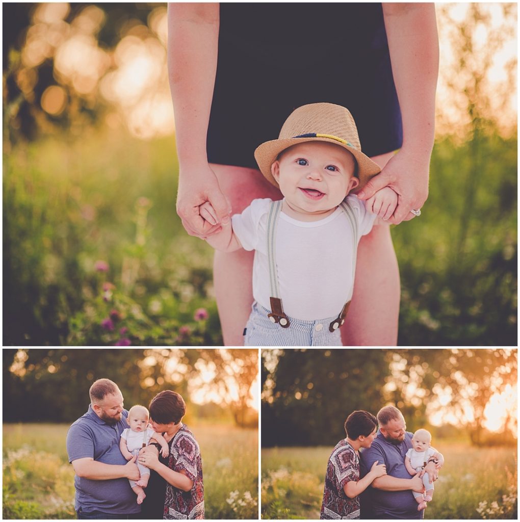 Kara Evans Photog - Bourbonnais Lifestyle Family Photographer - Bourbonnais Family Photos - Summer Sunset Field Photos - Summer Family Sunset Photos in Field - Six Month Milestone Suspender Photos 