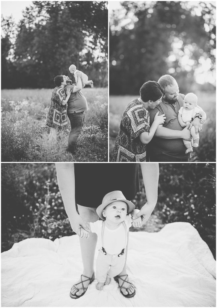 Kara Evans Photog - Bourbonnais Lifestyle Family Photographer - Bourbonnais Family Photos - Summer Sunset Field Photos - Summer Family Sunset Photos in Field - Six Month Milestone Suspender Photos 