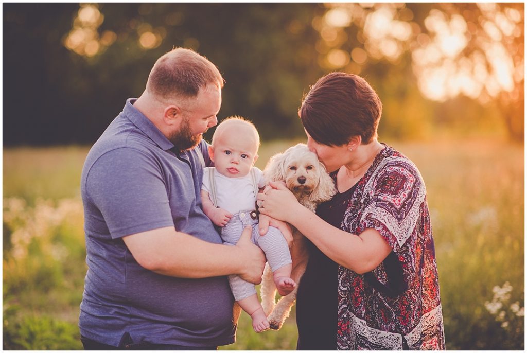 Kara Evans Photog - Bourbonnais Lifestyle Family Photographer - Bourbonnais Family Photos - Summer Sunset Field Photos - Summer Family Sunset Photos in Field - Six Month Milestone Suspender Photos 