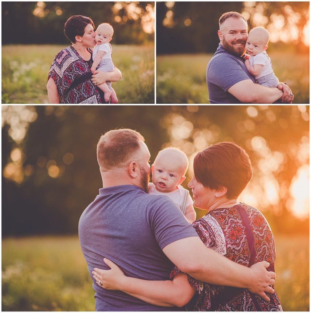 Kara Evans Photog - Bourbonnais Lifestyle Family Photographer - Bourbonnais Family Photos - Summer Sunset Field Photos - Summer Family Sunset Photos in Field - Six Month Milestone Suspender Photos 