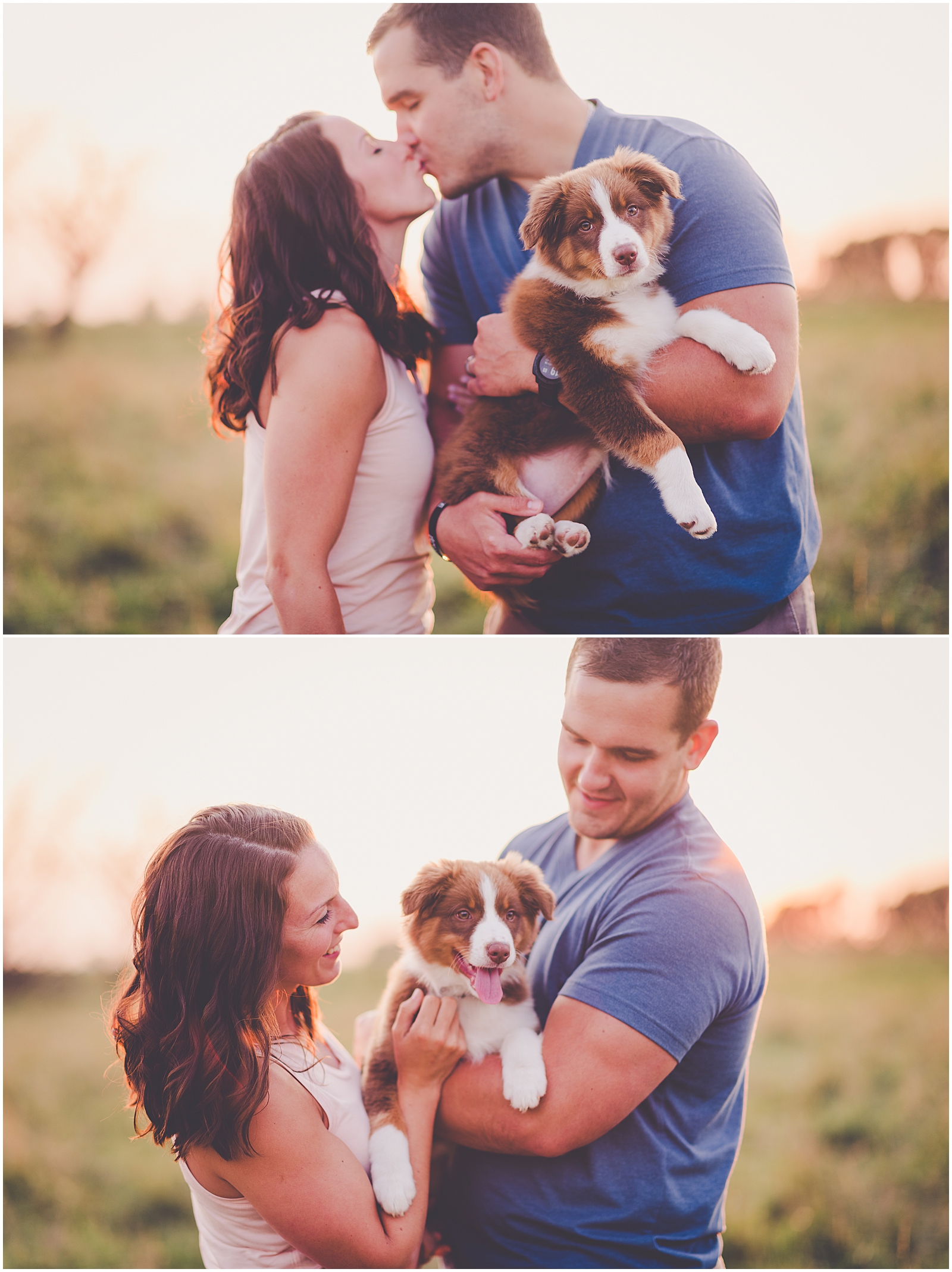 Summer sunset couples and new puppy session in Watseka, Illinois with Chicagoland wedding photographer Kara Evans Photographer.