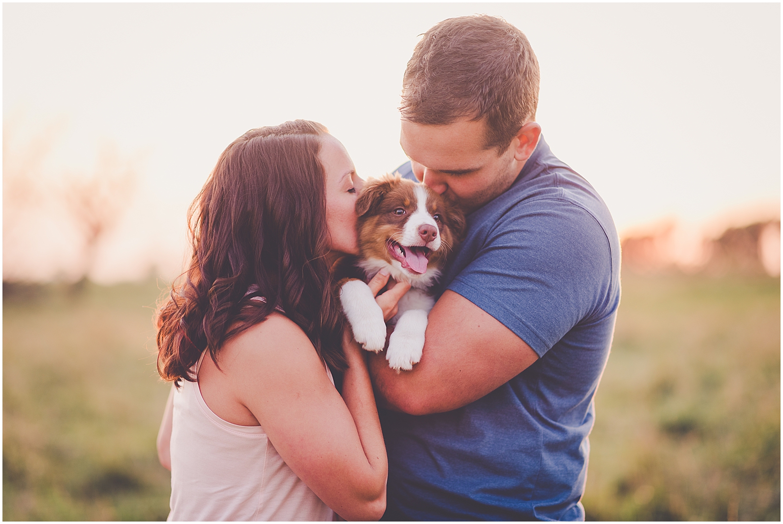 Summer sunset couples and new puppy session in Watseka, Illinois with Chicagoland wedding photographer Kara Evans Photographer.