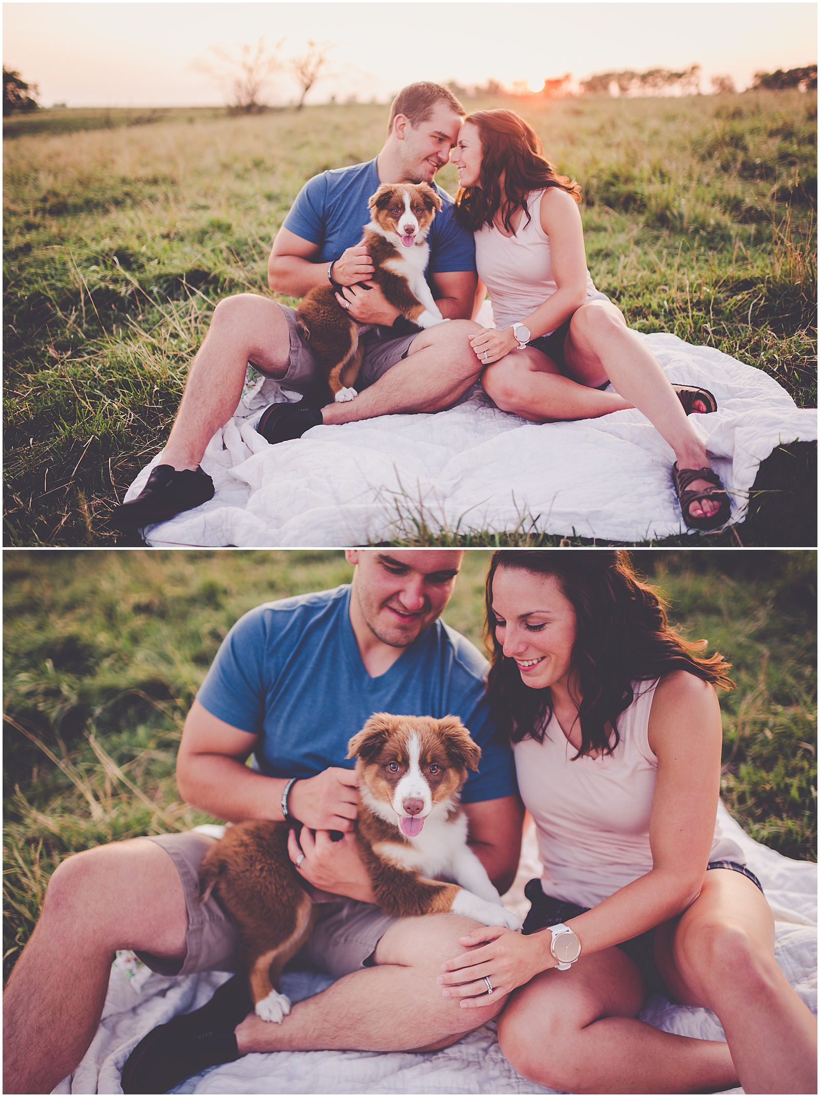 Summer sunset couples and new puppy session in Watseka, Illinois with Chicagoland wedding photographer Kara Evans Photographer.