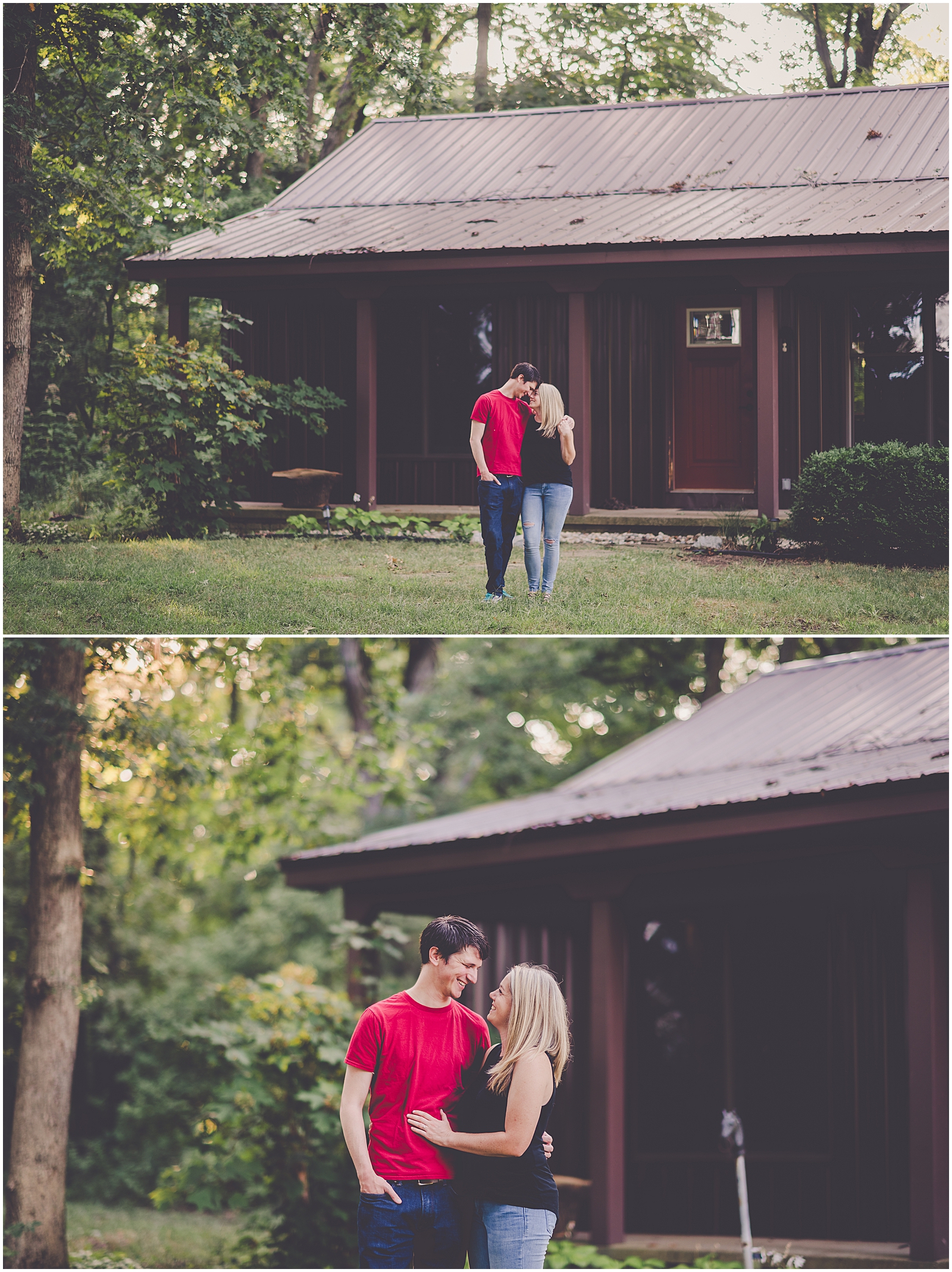 Summertime cabin engagement session in Champaign, Illinois with Chicagoland wedding photographer Kara Evans Photographer.