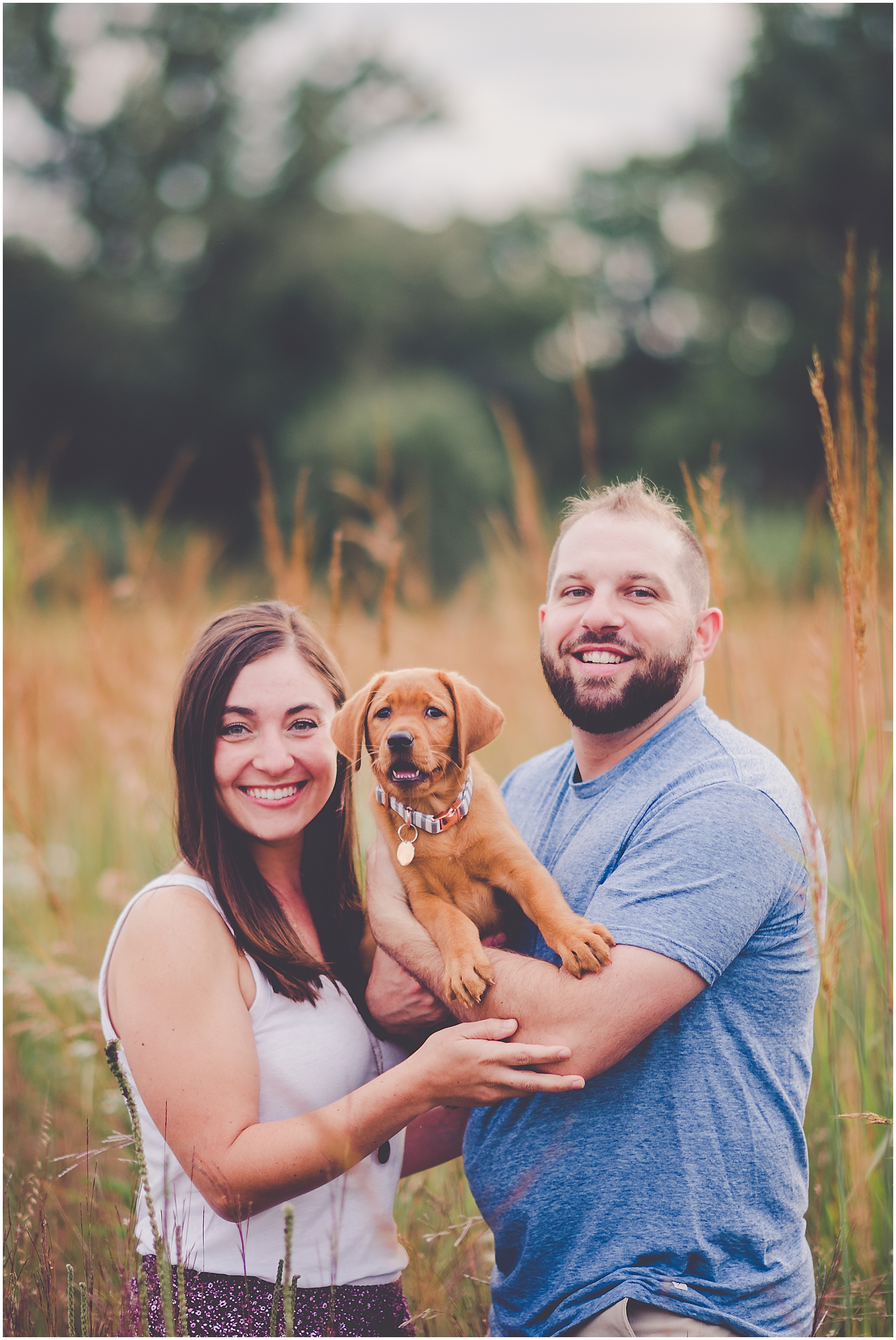 Summer sunset couples and new puppy session in Aroma Park, Illinois with Chicagoland wedding photographer Kara Evans Photographer.