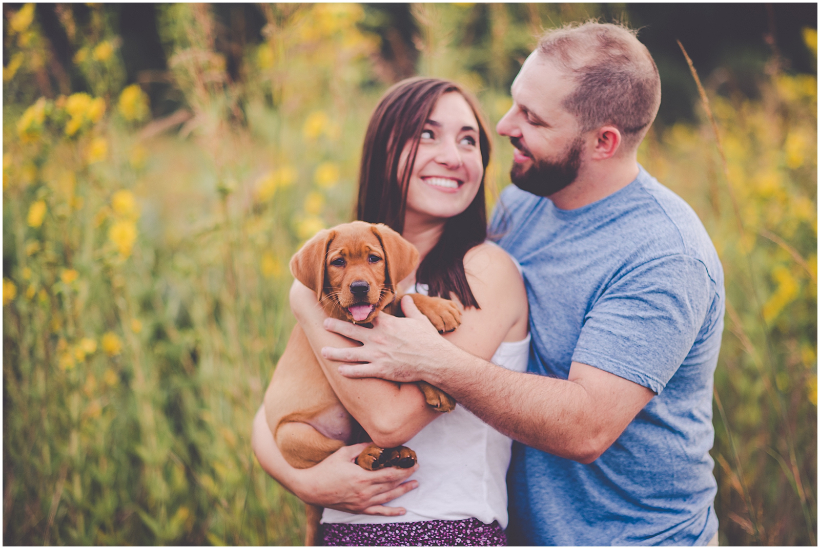 Summer sunset couples and new puppy session in Aroma Park, Illinois with Chicagoland wedding photographer Kara Evans Photographer.