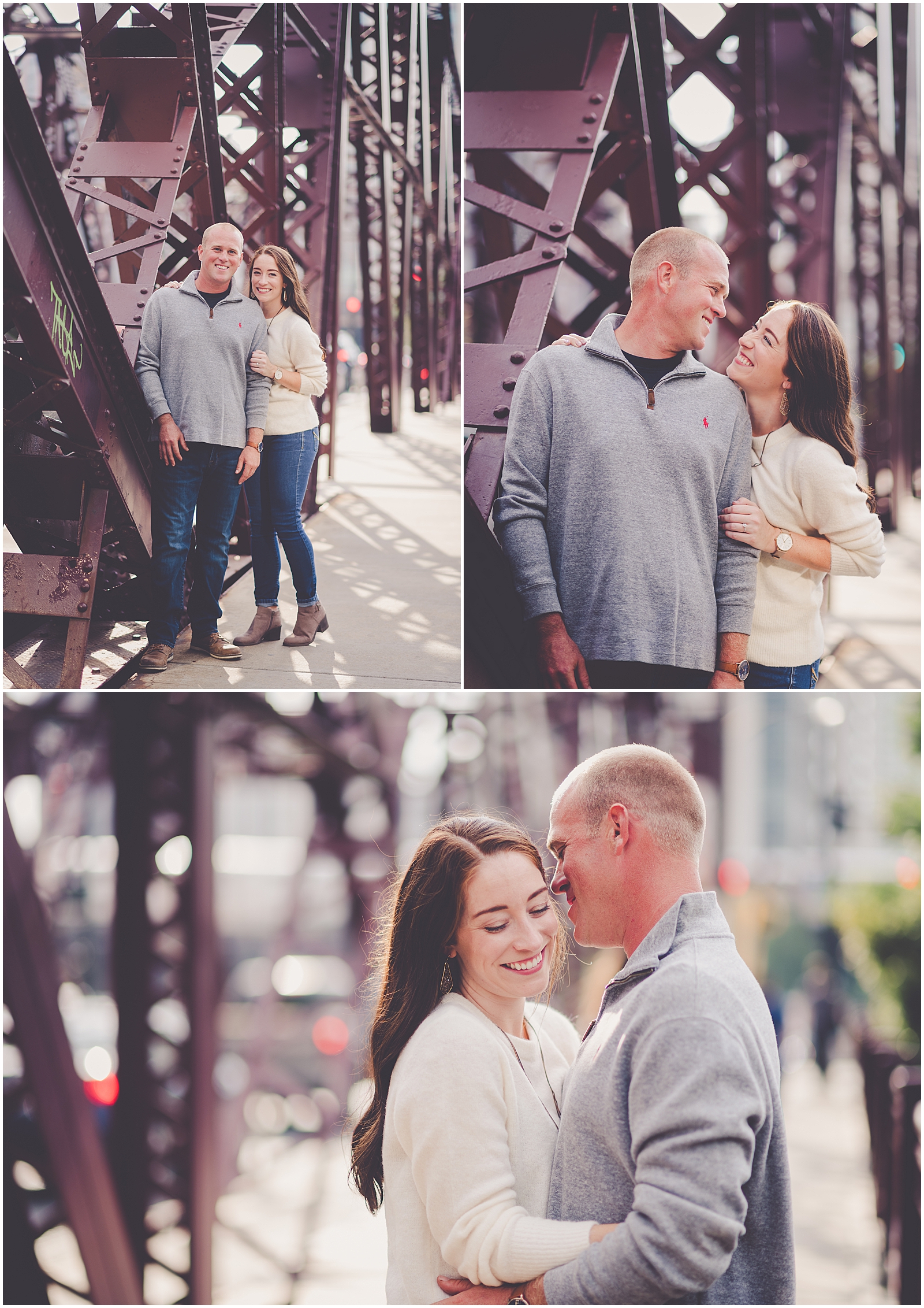 Bethany and Jon's riverwalk and North Avenue Beach engagement session in Chicago, IL with Chicagoland wedding photographer Kara Evans Photographer.