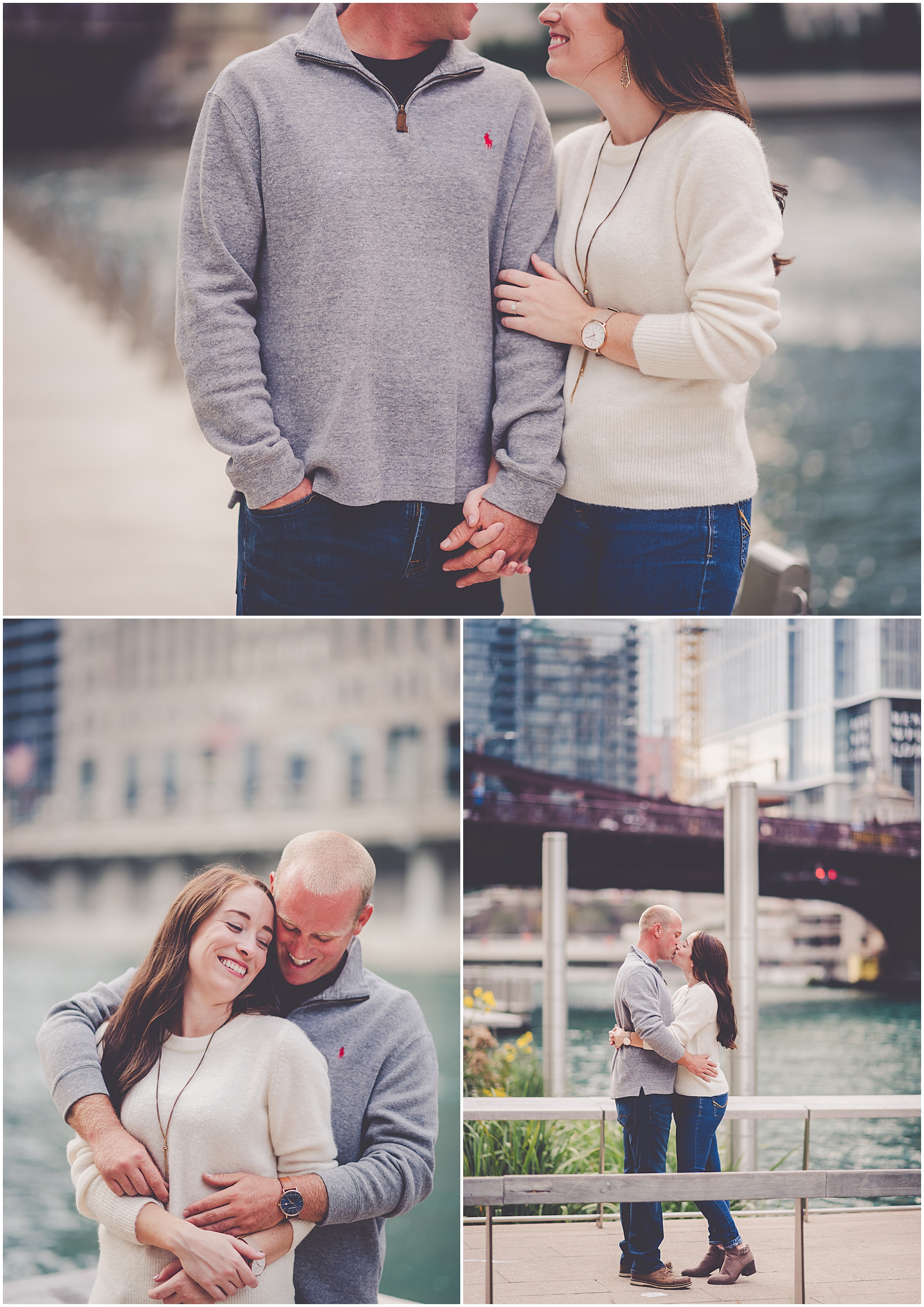 Bethany and Jon's riverwalk and North Avenue Beach engagement session in Chicago, IL with Chicagoland wedding photographer Kara Evans Photographer.