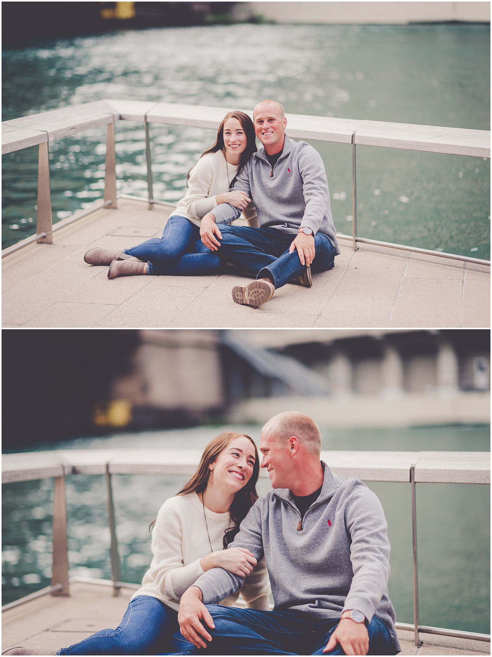 Bethany and Jon's riverwalk and North Avenue Beach engagement session in Chicago, IL with Chicagoland wedding photographer Kara Evans Photographer.