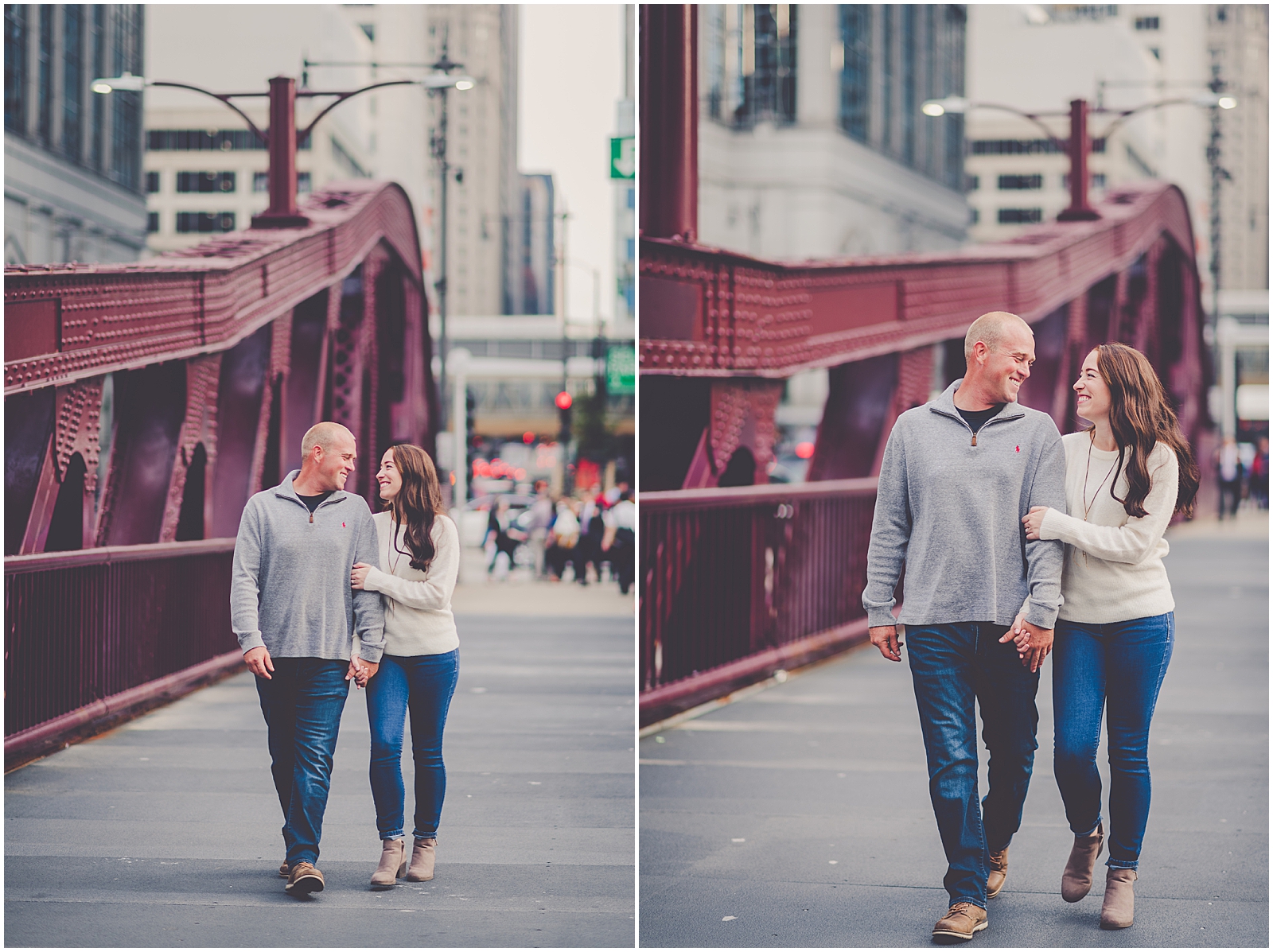 Bethany and Jon's riverwalk and North Avenue Beach engagement session in Chicago, IL with Chicagoland wedding photographer Kara Evans Photographer.