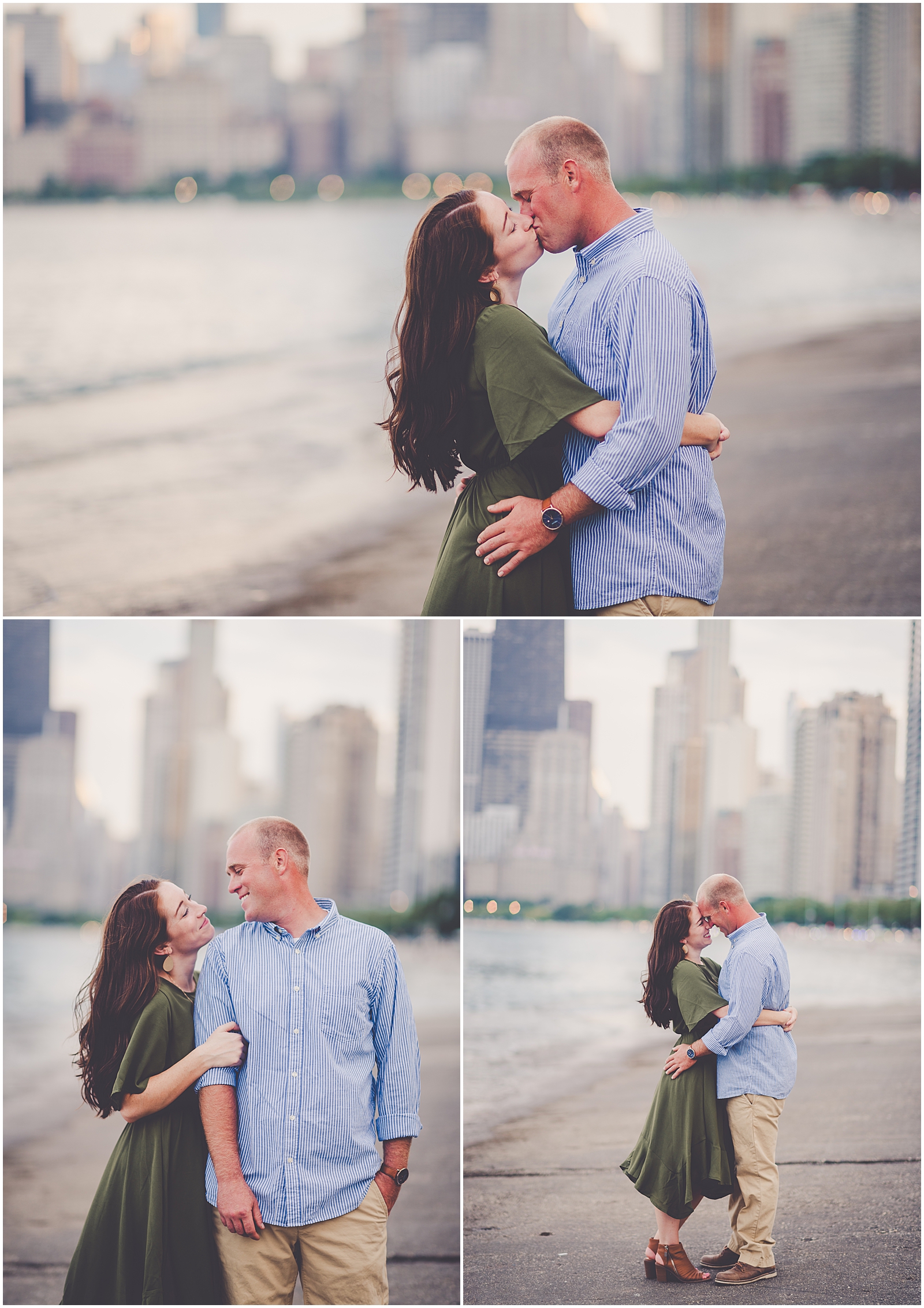 Bethany and Jon's riverwalk and North Avenue Beach engagement session in Chicago, IL with Chicagoland wedding photographer Kara Evans Photographer.