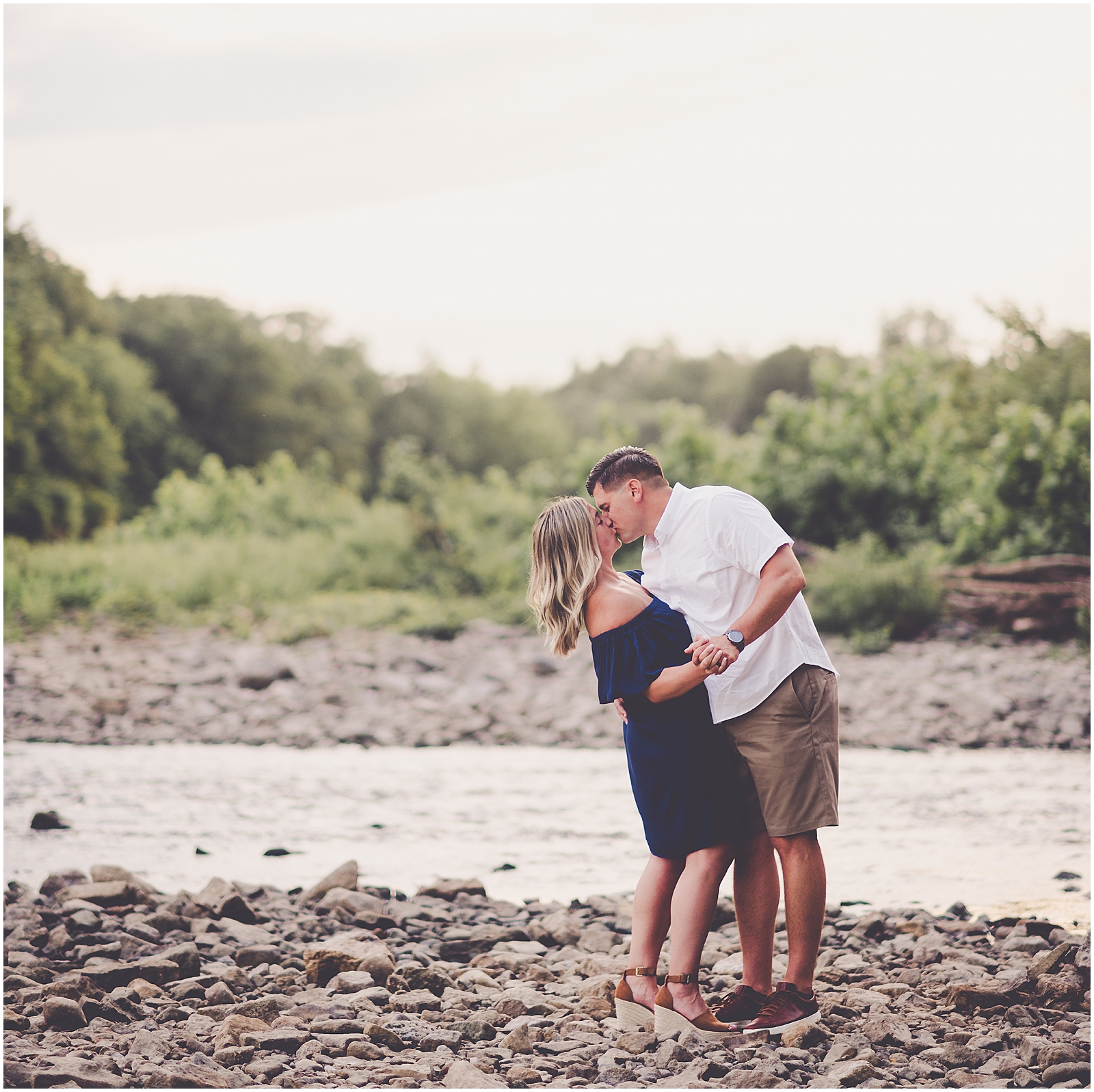 Lyndsey and Drew's summer Kankakee River anniversary photos in Kankakee, Illinois with Chicagoland wedding photographer Kara Evans Photographer.