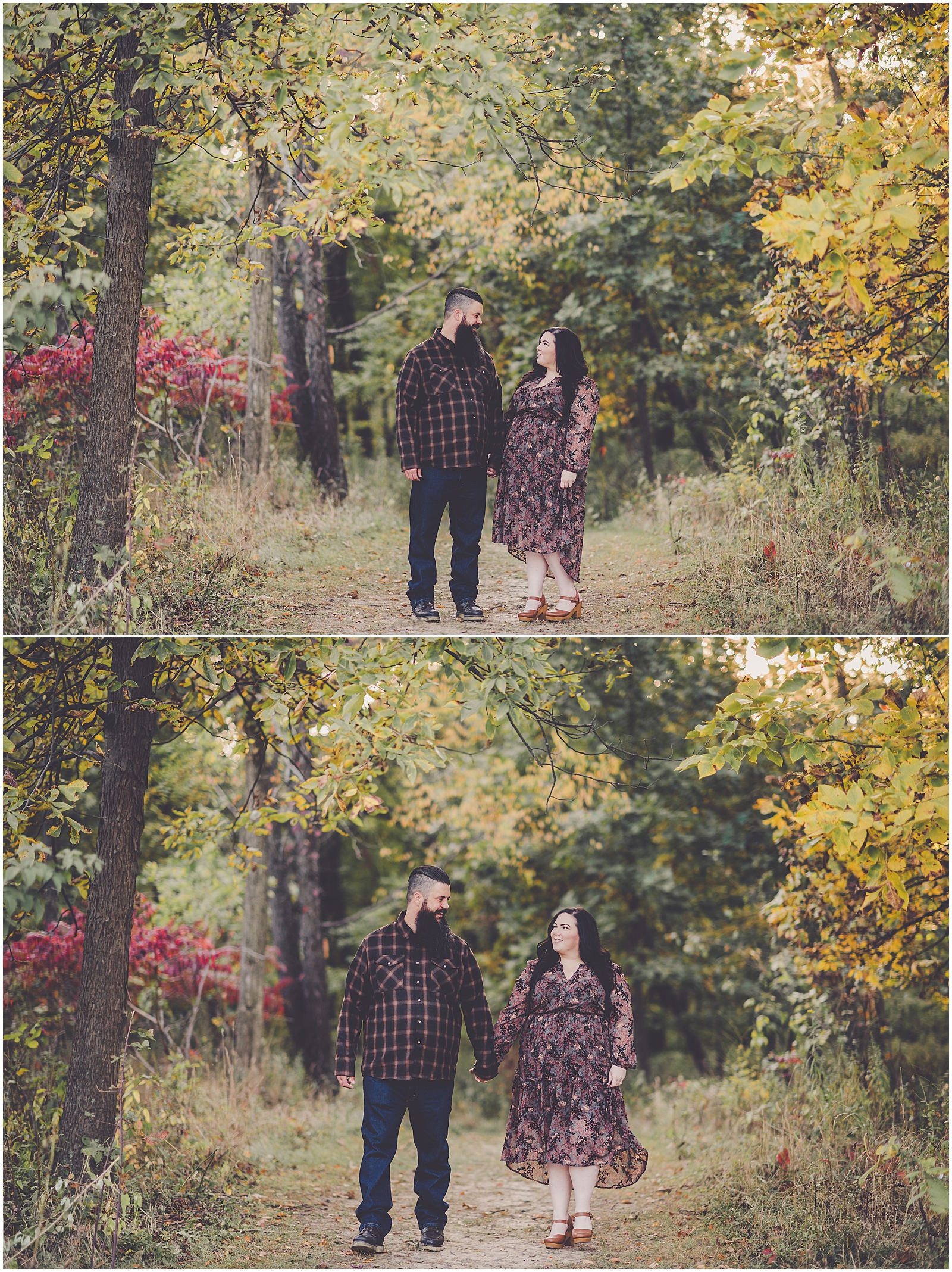 Marissa and Ben's fall Keepataw Forest Preserve engagement in Lemont, Illinois with Chicagoland wedding photographer Kara Evans Photographer.