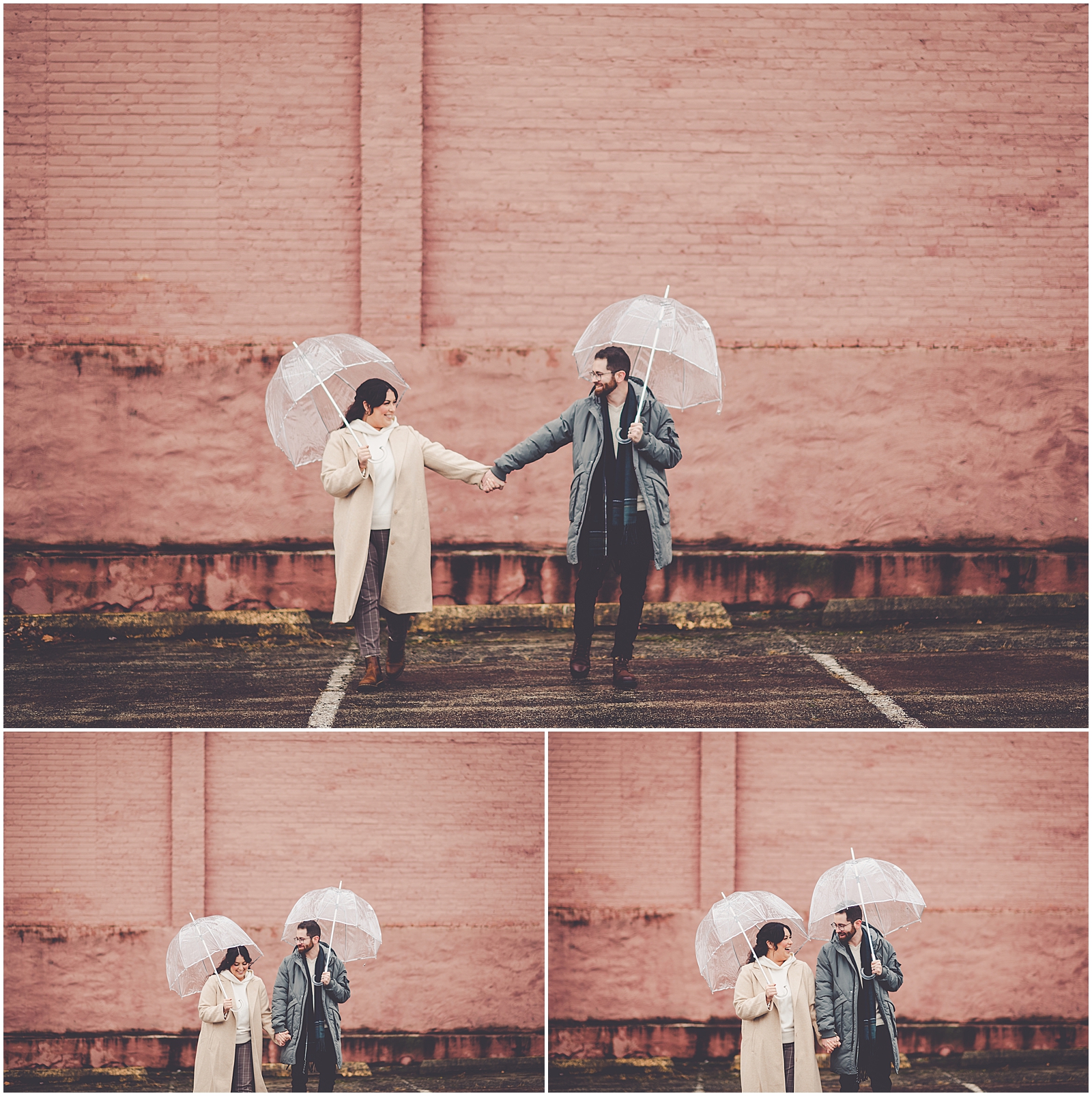 Ari and Adam's rainy downtown Kankakee anniversary session in Kankakee, IL with Chicagoland wedding photographer Kara Evans Photographer.