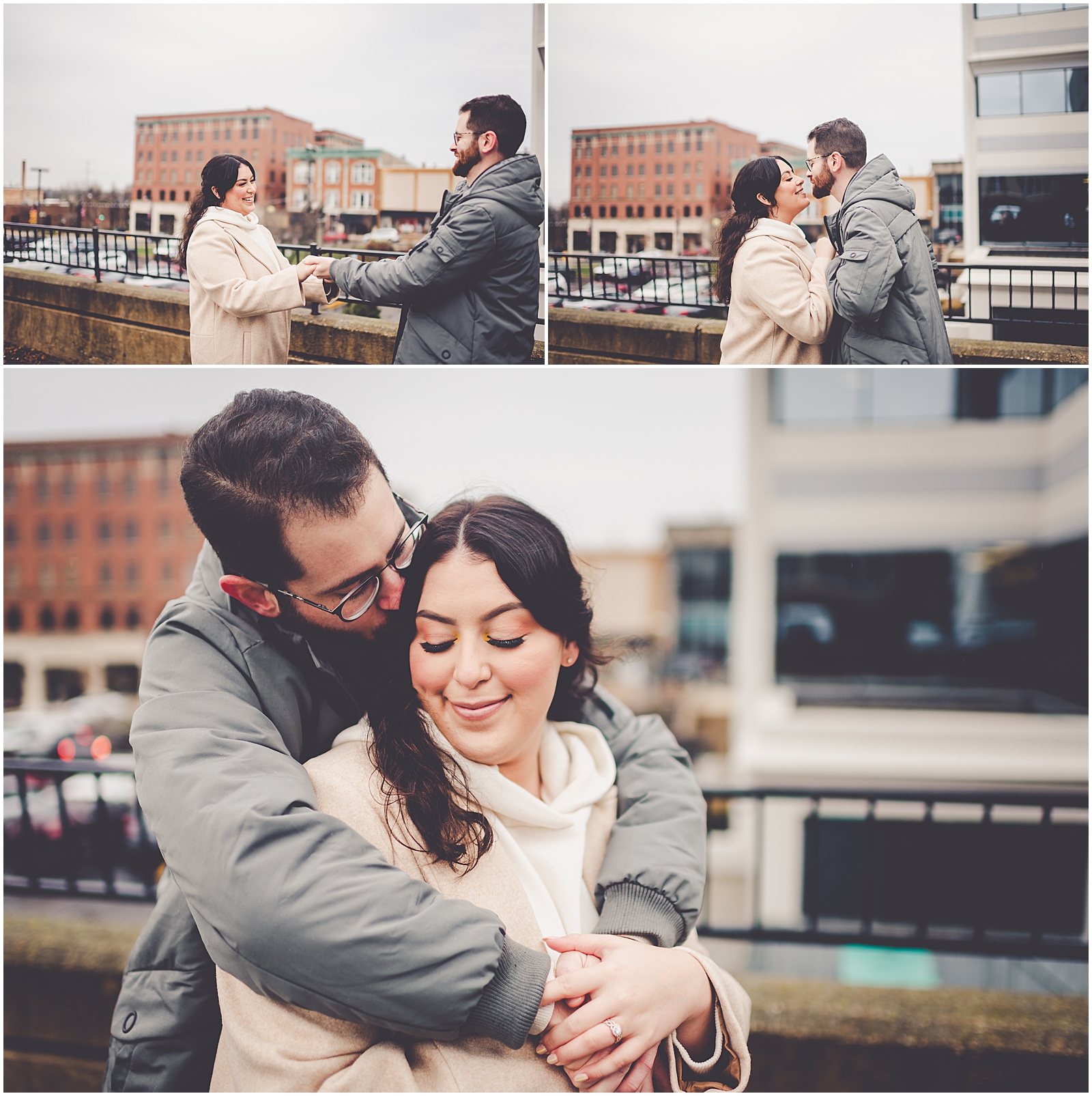 Ari and Adam's rainy downtown Kankakee anniversary session in Kankakee, IL with Chicagoland wedding photographer Kara Evans Photographer.