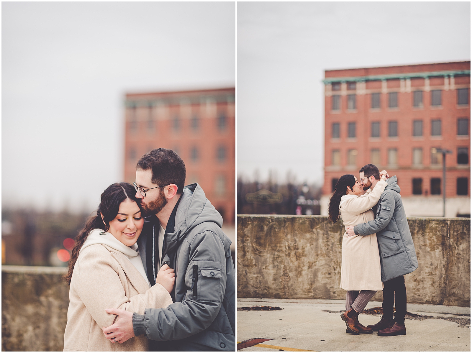 Ari and Adam's rainy downtown Kankakee anniversary session in Kankakee, IL with Chicagoland wedding photographer Kara Evans Photographer.