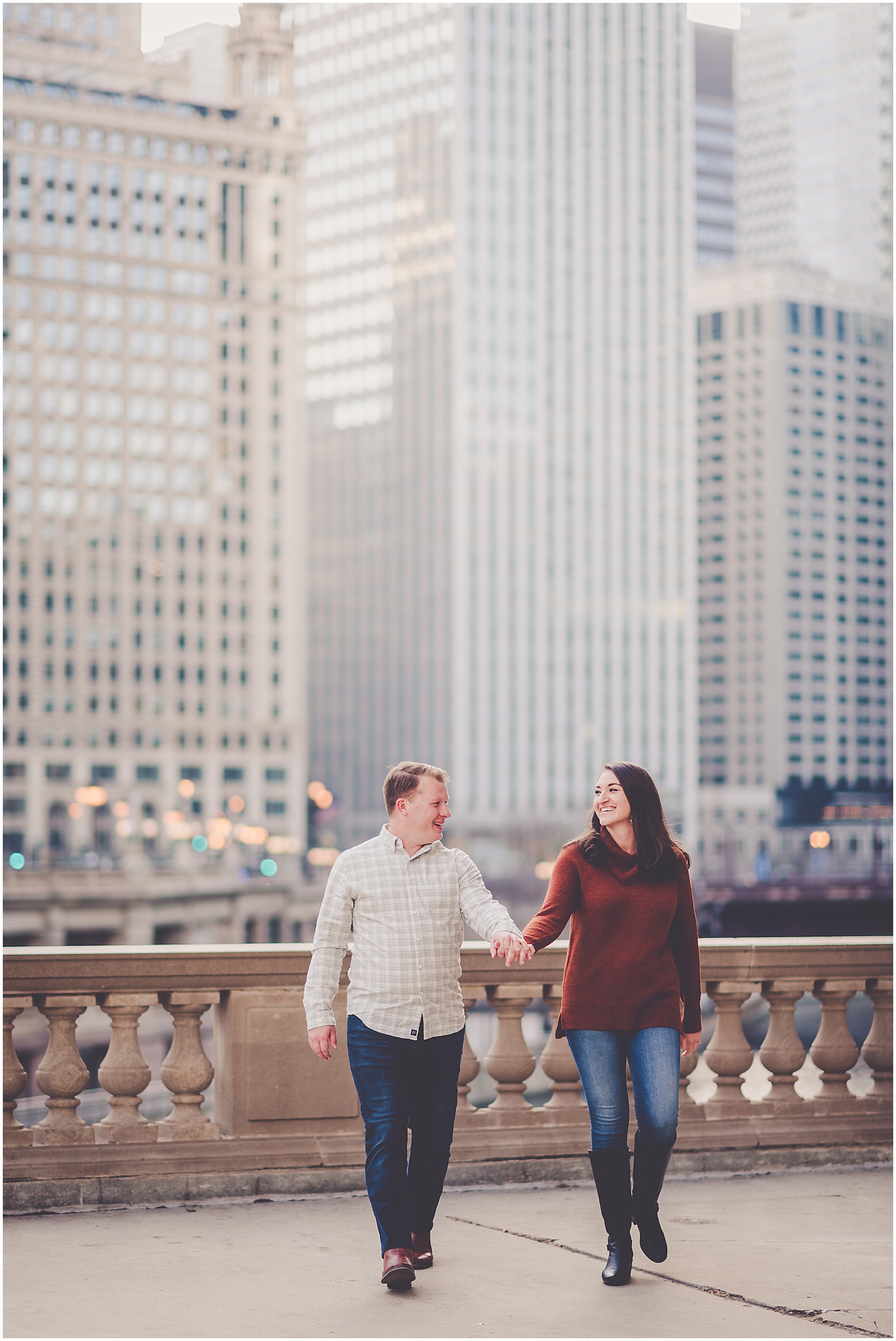 Kim and Josh's December Wrigley Building Chicago engagement photos in Chicago, IL with Chicagoland wedding photographer Kara Evans Photographer.