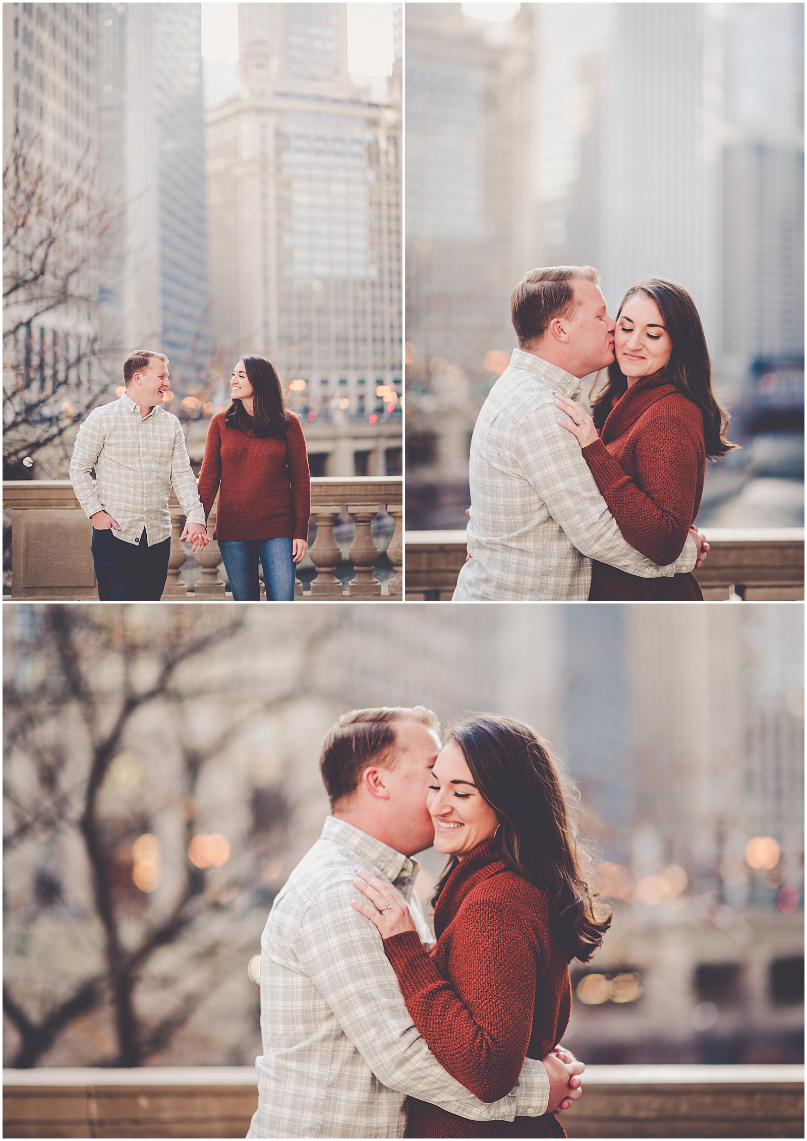 Kim and Josh's December Wrigley Building Chicago engagement photos in Chicago, IL with Chicagoland wedding photographer Kara Evans Photographer.