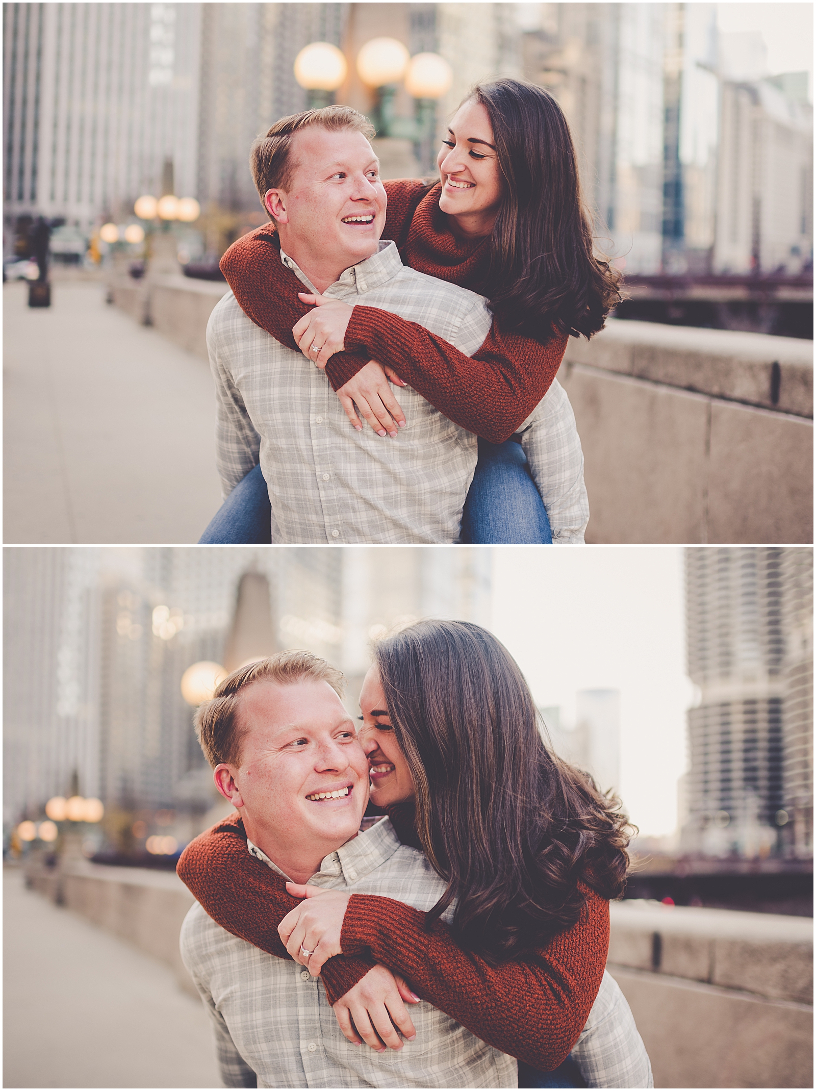 Kim and Josh's December Wrigley Building Chicago engagement photos in Chicago, IL with Chicagoland wedding photographer Kara Evans Photographer.