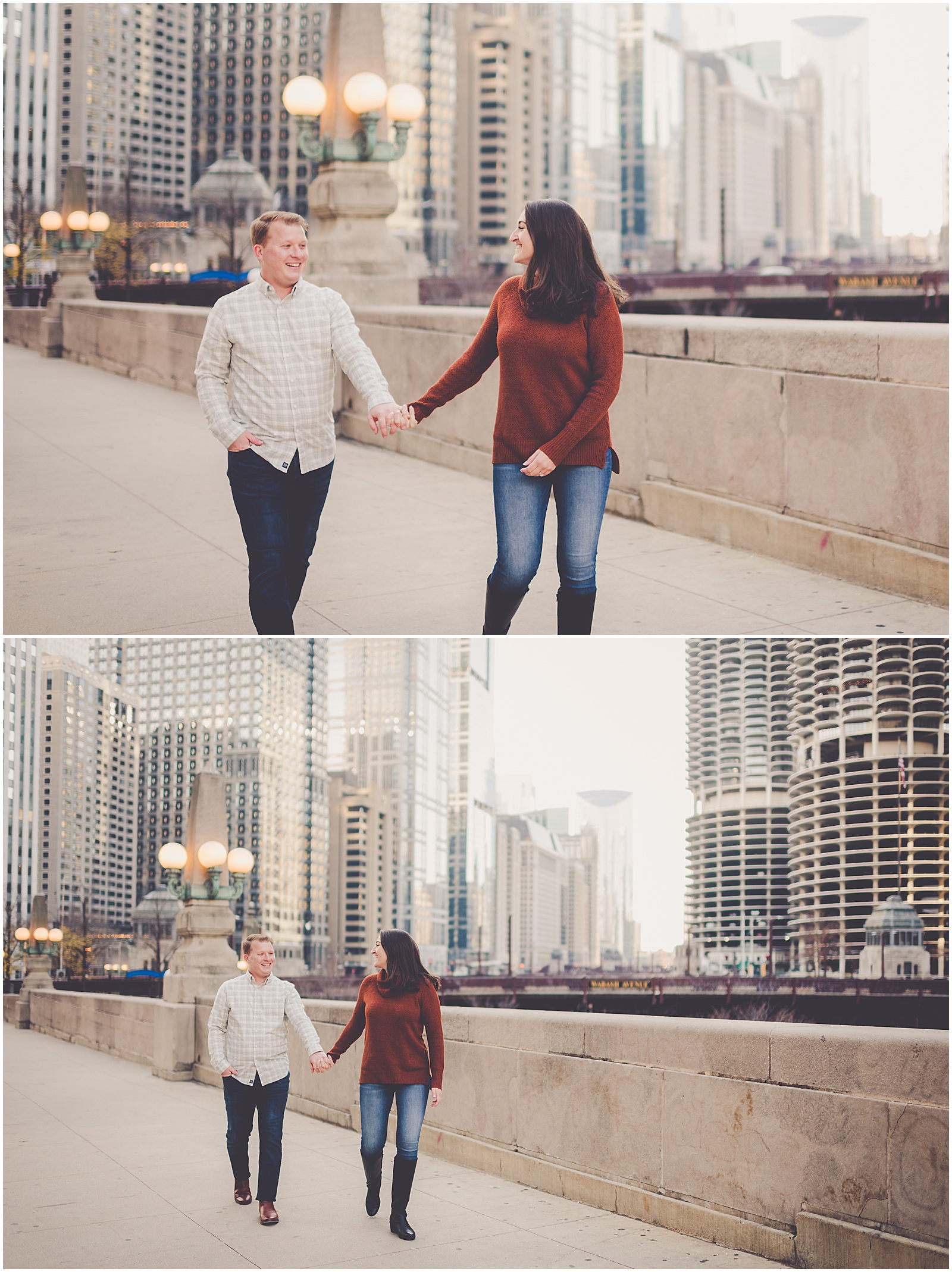 Kim and Josh's December Wrigley Building Chicago engagement photos in Chicago, IL with Chicagoland wedding photographer Kara Evans Photographer.