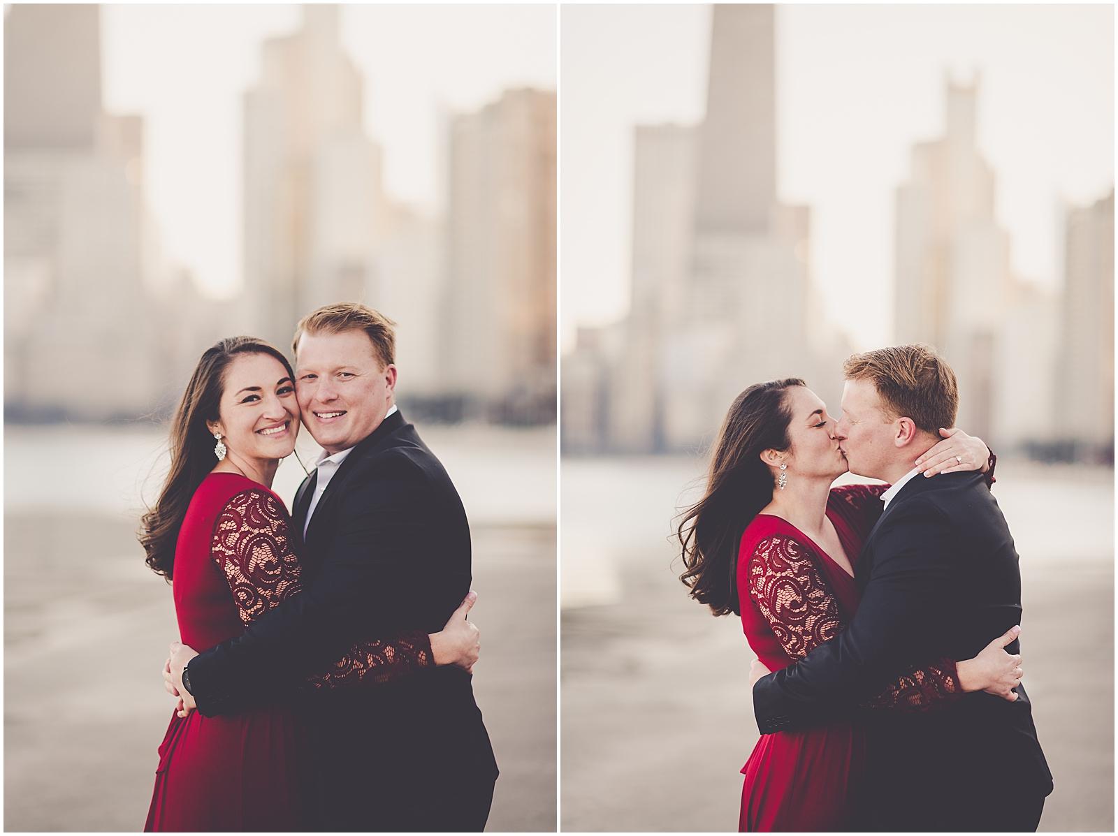 Kim and Josh's December Chicago skyline engagement session at North Avenue Beach in Chicago, IL with Chicagoland wedding photographer Kara Evans Photographer.