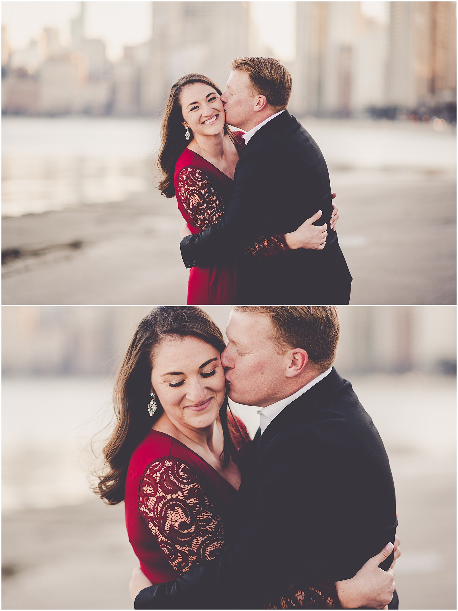 Kim and Josh's December Chicago skyline engagement session at North Avenue Beach in Chicago, IL with Chicagoland wedding photographer Kara Evans Photographer.