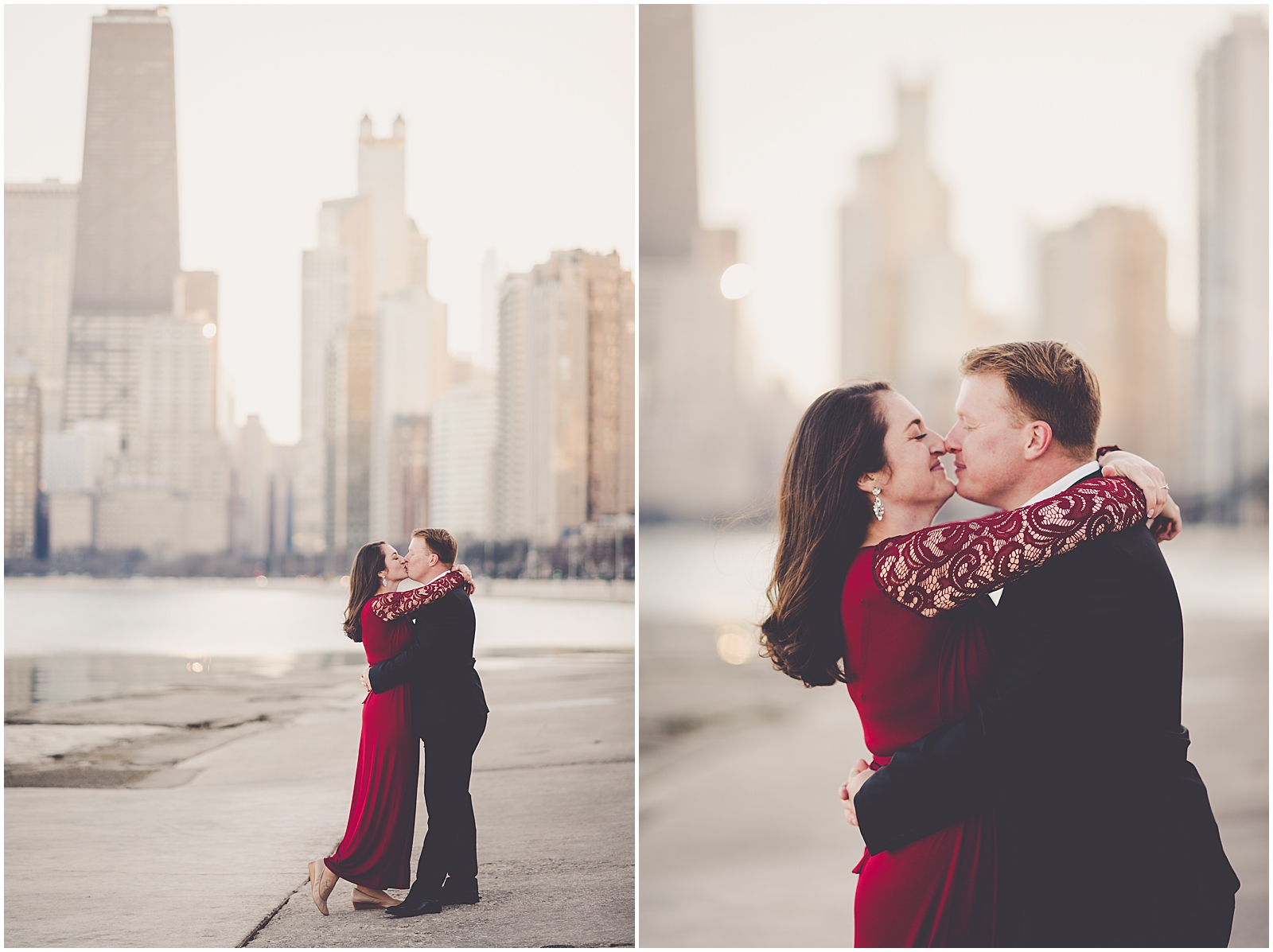 Kim and Josh's December Chicago skyline engagement session at North Avenue Beach in Chicago, IL with Chicagoland wedding photographer Kara Evans Photographer.