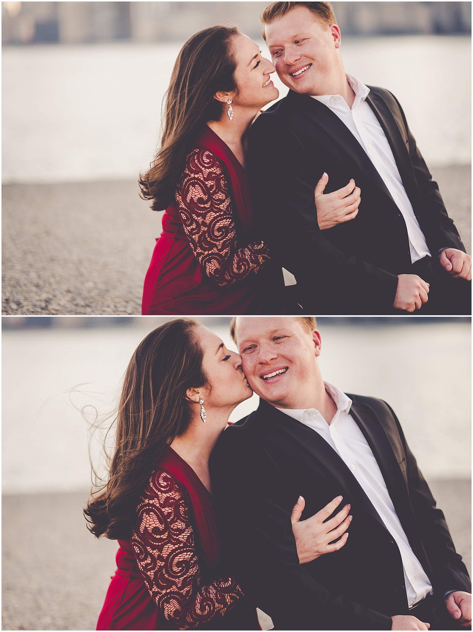 Kim and Josh's December Chicago skyline engagement session at North Avenue Beach in Chicago, IL with Chicagoland wedding photographer Kara Evans Photographer.