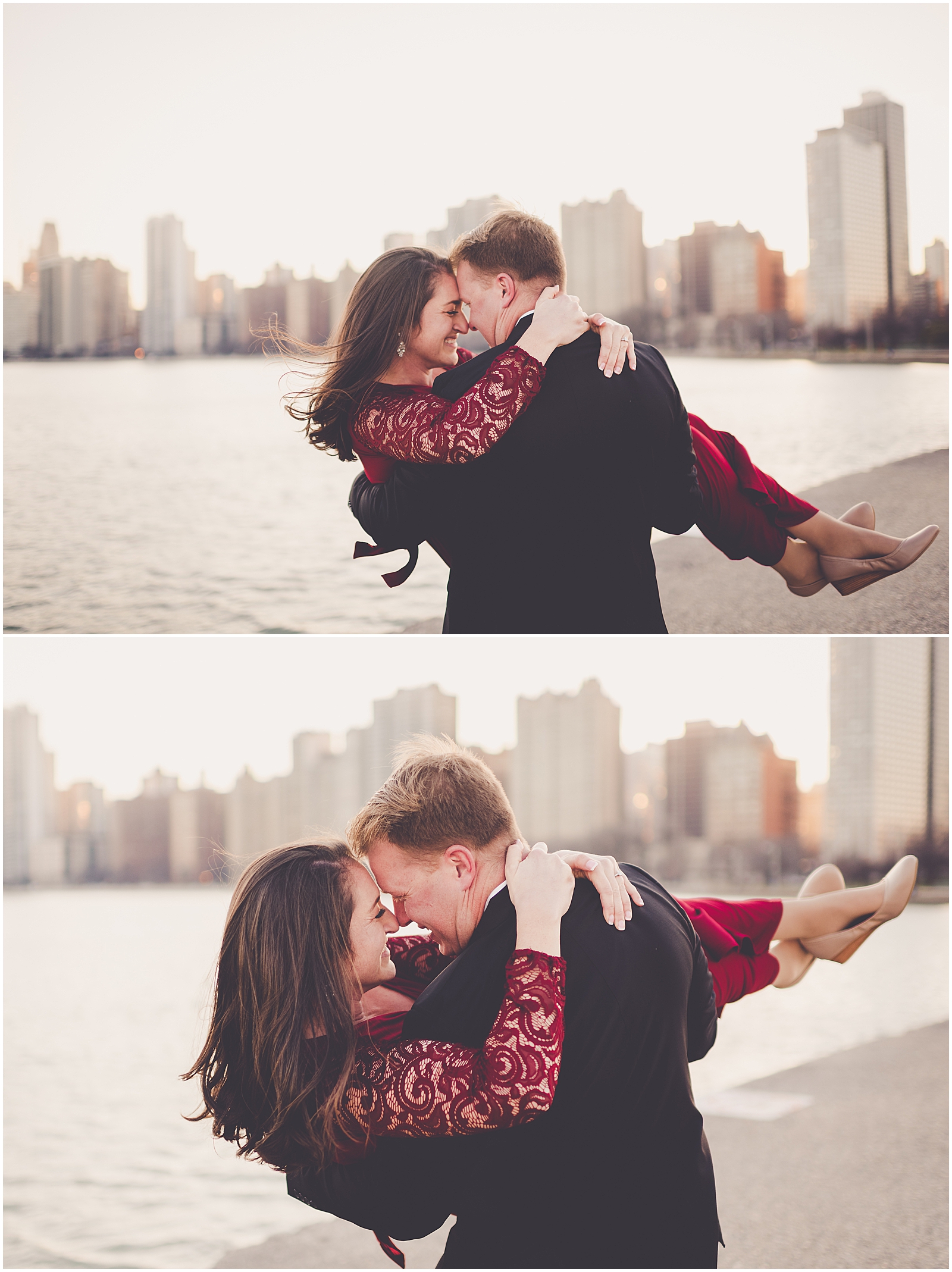 Kim and Josh's December Chicago skyline engagement session at North Avenue Beach in Chicago, IL with Chicagoland wedding photographer Kara Evans Photographer.