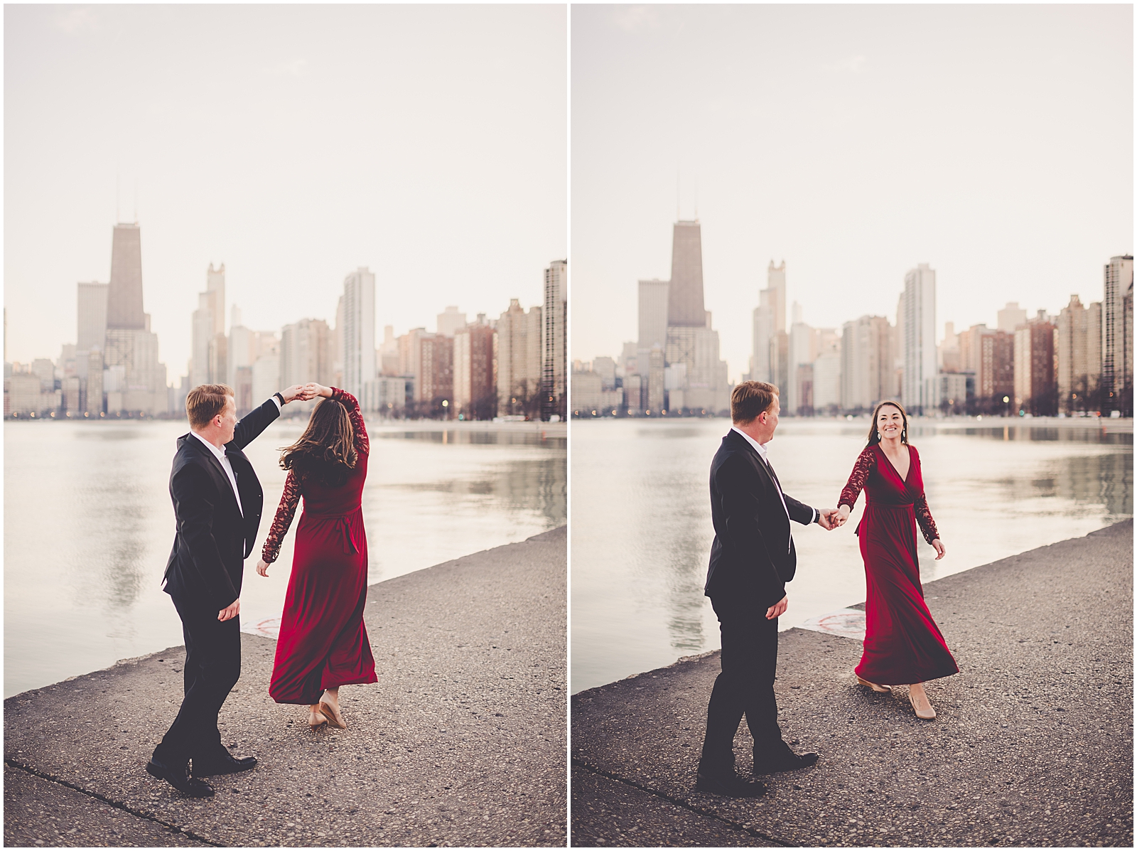 Kim and Josh's December Chicago skyline engagement session at North Avenue Beach in Chicago, IL with Chicagoland wedding photographer Kara Evans Photographer.