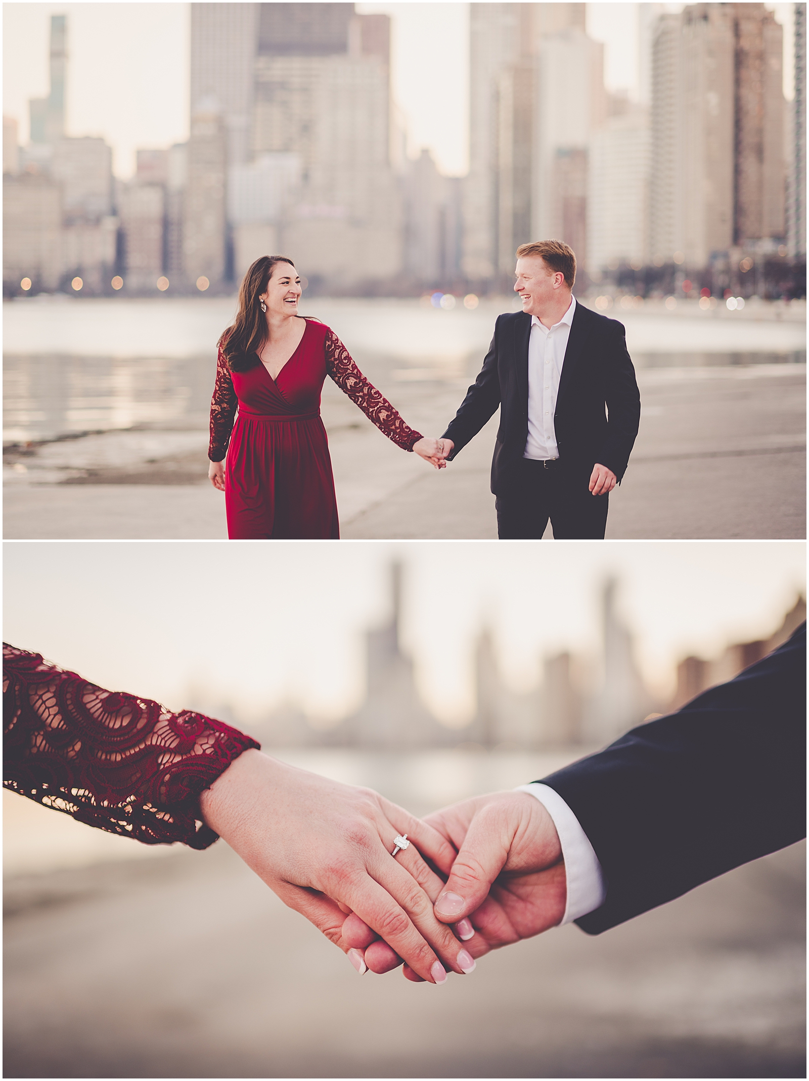 Kim and Josh's December Chicago skyline engagement session at North Avenue Beach in Chicago, IL with Chicagoland wedding photographer Kara Evans Photographer.