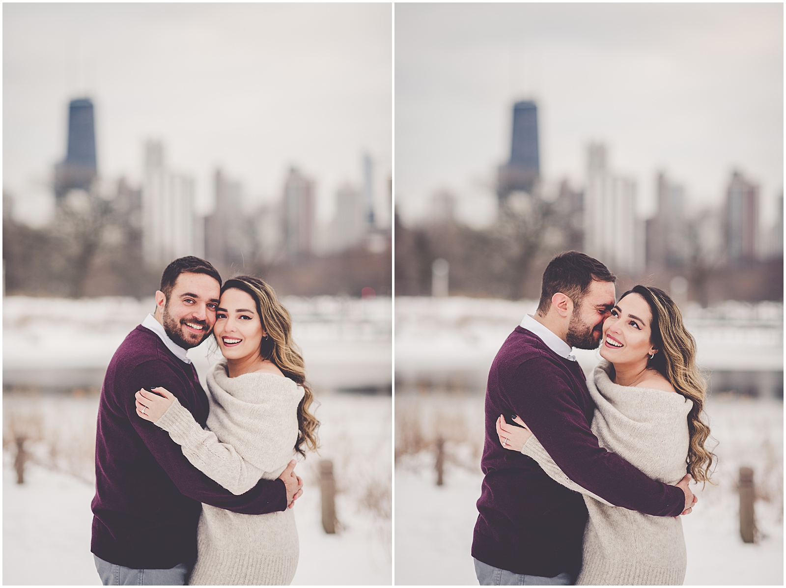 Dina and Adonis' snowy winter Lincoln Park engagement photos in Chicago with Chicagoland wedding photographer Kara Evans Photographer.