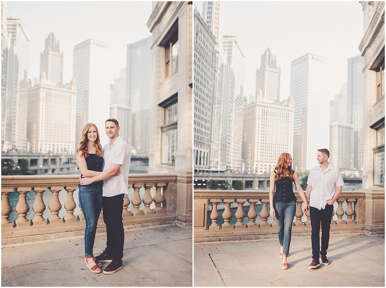 Stephanie and Dan's summer riverwalk & skyline engagement photos in Chicago with Chicagoland wedding photographer Kara Evans Photographer.