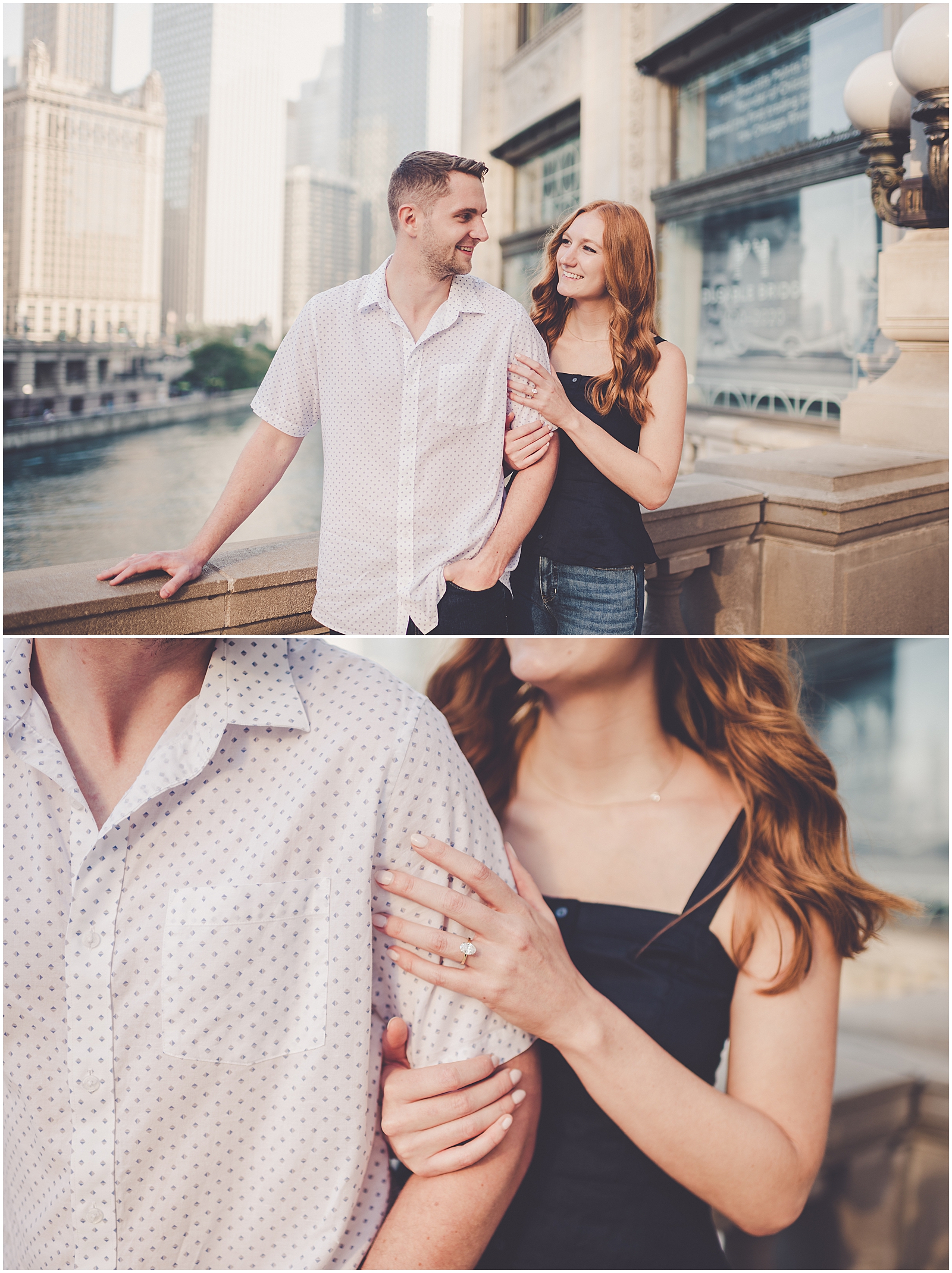 Stephanie and Dan's summer riverwalk & skyline engagement photos in Chicago with Chicagoland wedding photographer Kara Evans Photographer.