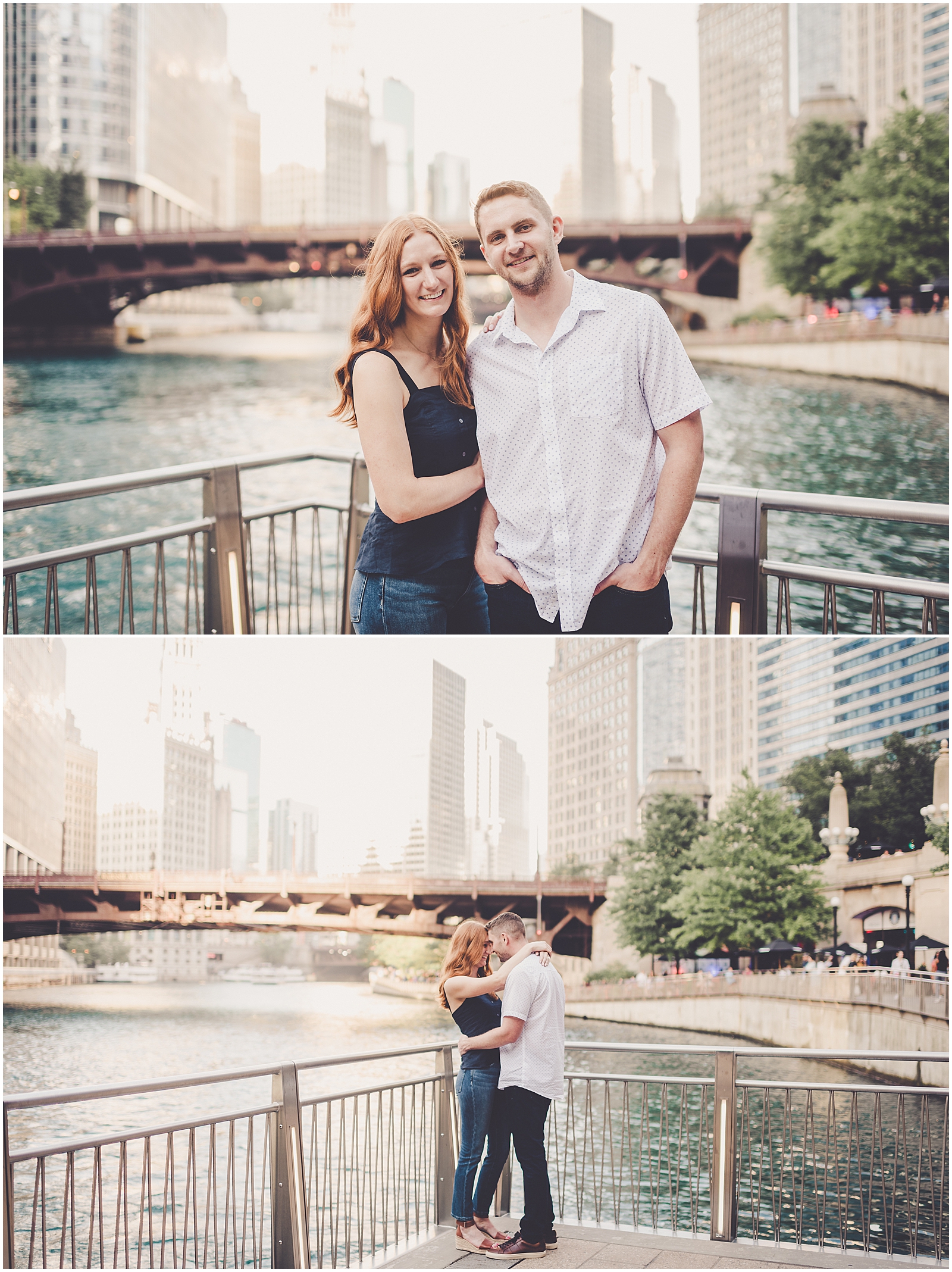 Stephanie and Dan's summer riverwalk & skyline engagement photos in Chicago with Chicagoland wedding photographer Kara Evans Photographer.