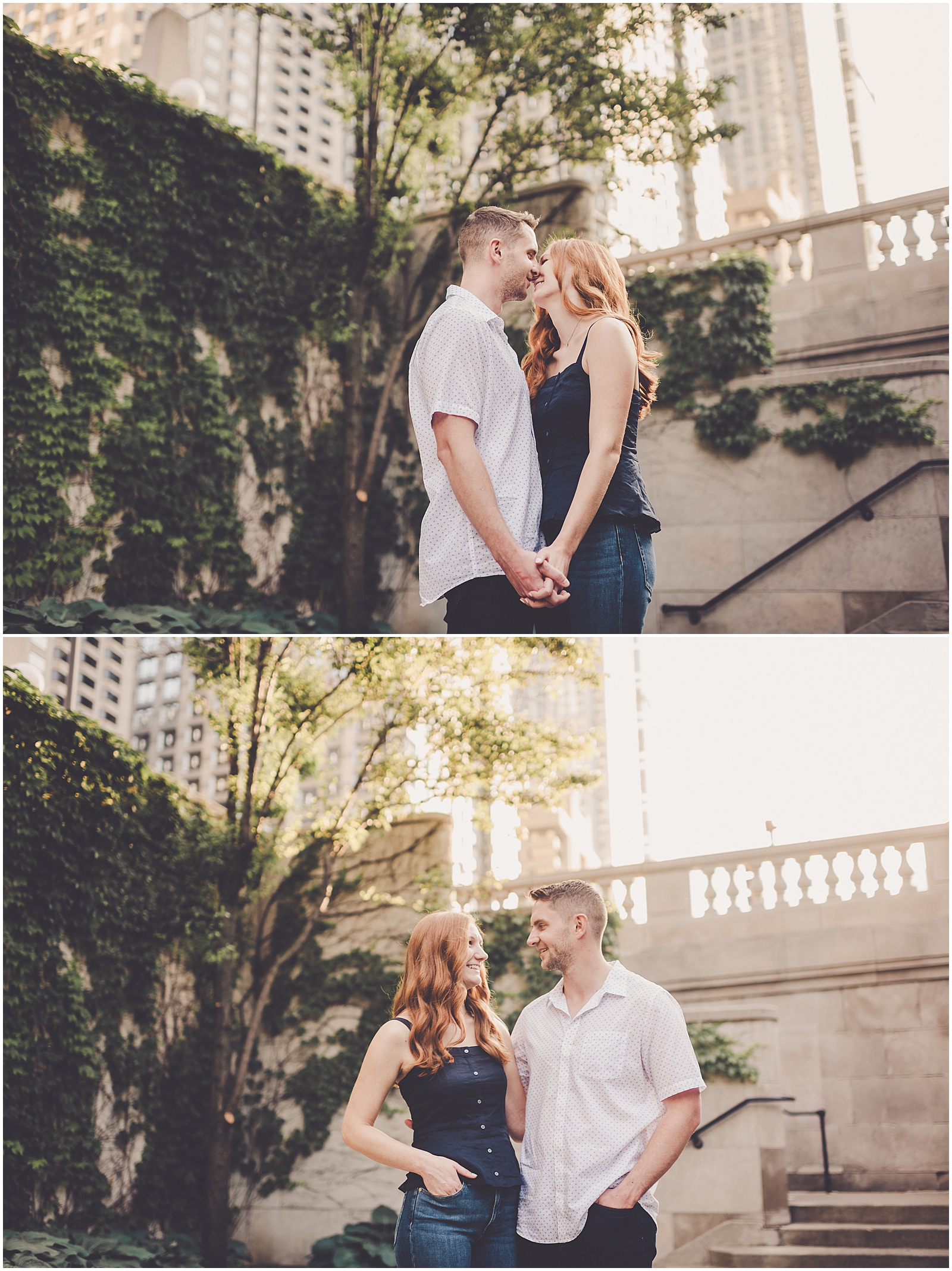 Stephanie and Dan's summer riverwalk & skyline engagement photos in Chicago with Chicagoland wedding photographer Kara Evans Photographer.