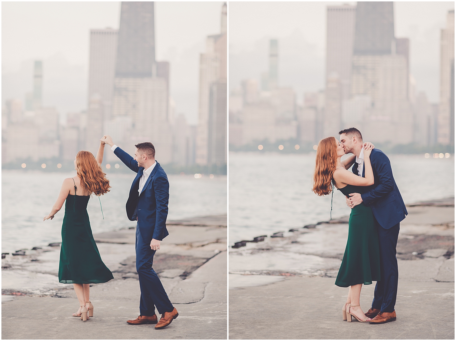 Stephanie and Dan's summer riverwalk & skyline engagement photos in Chicago with Chicagoland wedding photographer Kara Evans Photographer.