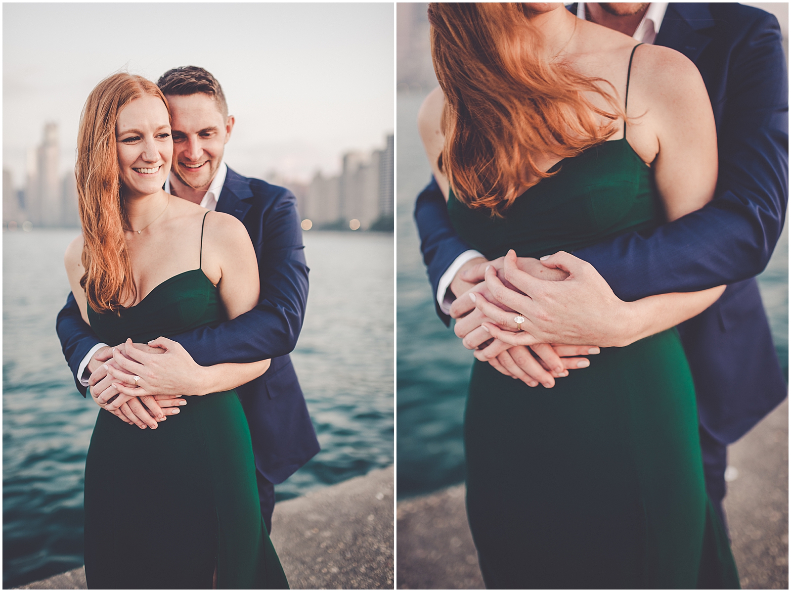 Stephanie and Dan's summer riverwalk & skyline engagement photos in Chicago with Chicagoland wedding photographer Kara Evans Photographer.