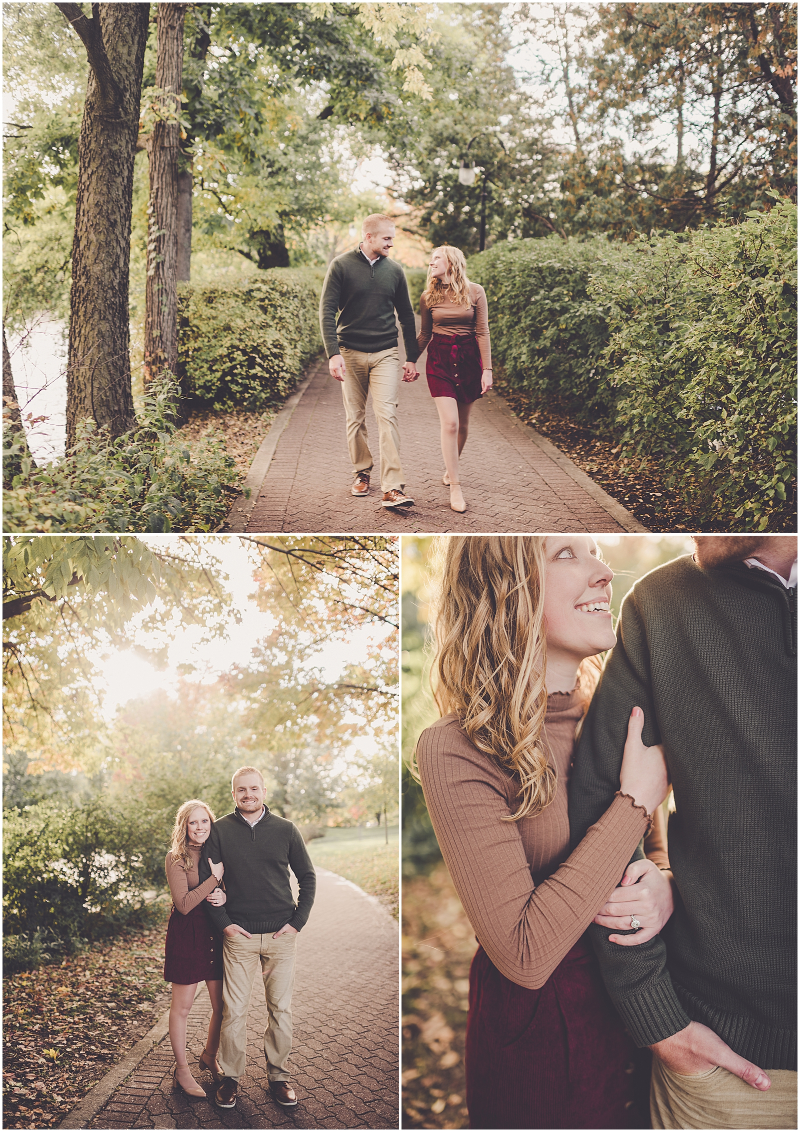 Kayla & Brandon's fall Naperville Riverwalk engagement session in Naperville with Chicagoland wedding photographer Kara Evans Photographer.